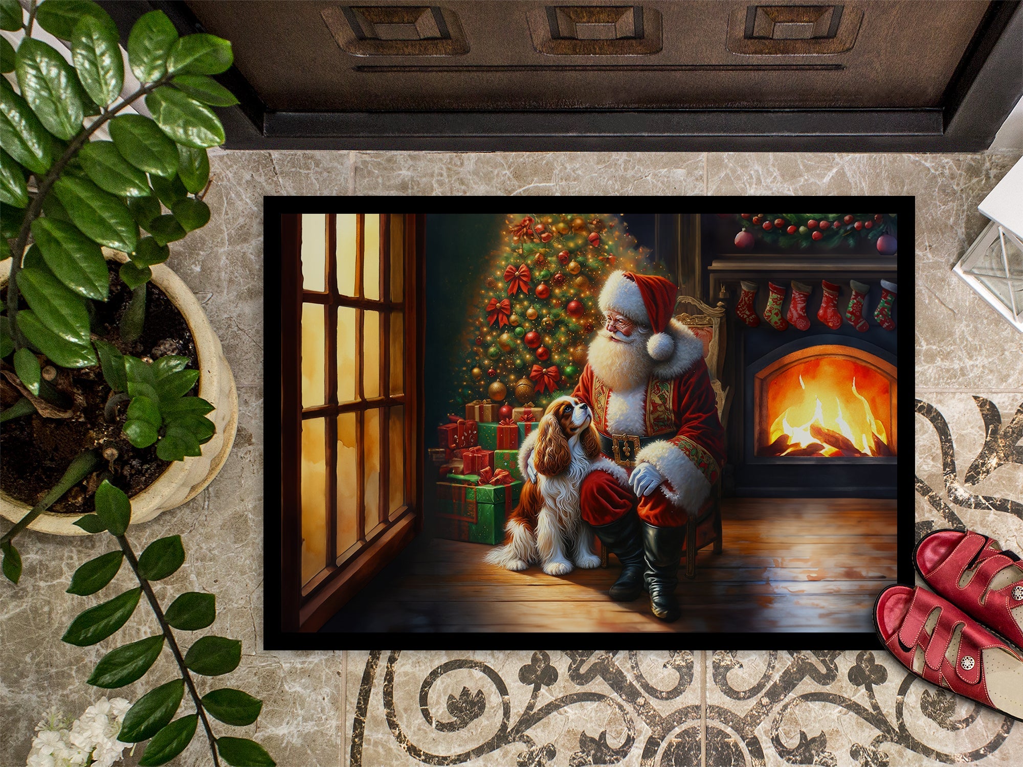 Cavalier Spaniel and Santa Claus Doormat Indoor Outdoor 18H X 27W Front Door Mat Rugs for Entryway, Non Slip Washable