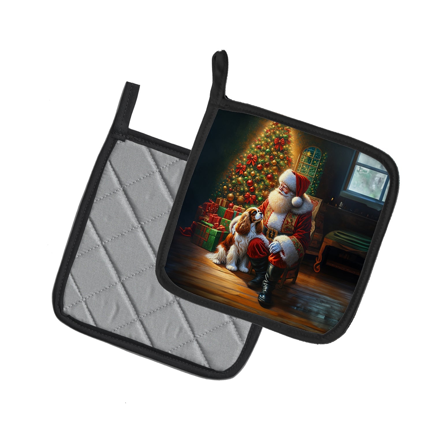 Cavalier Spaniel and Santa Claus Pot Holder Set of 2 Heat Resistant Quilted Hot Pads 7.5 x 7.5 Inch, Insulated Kitchen Trivets for Cooking & Baking
