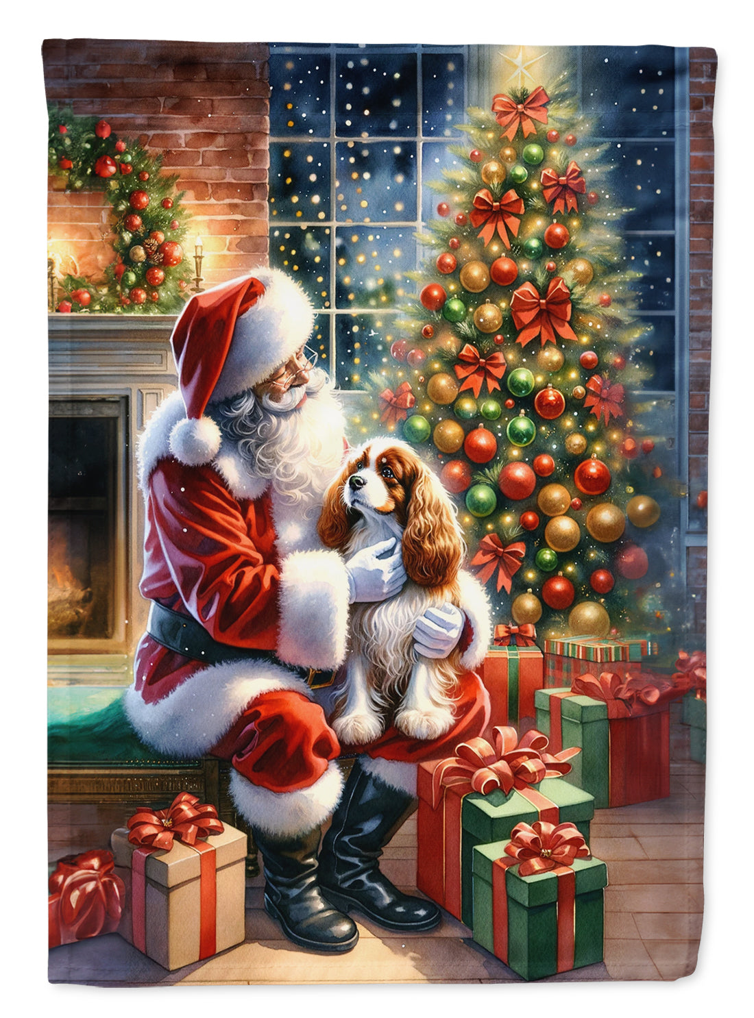 Cavalier Spaniel and Santa Claus House Flag 28x40 Porch Sleeve Pole Decorative Outside Yard Banner Artwork Wall Hanging, Polyester
