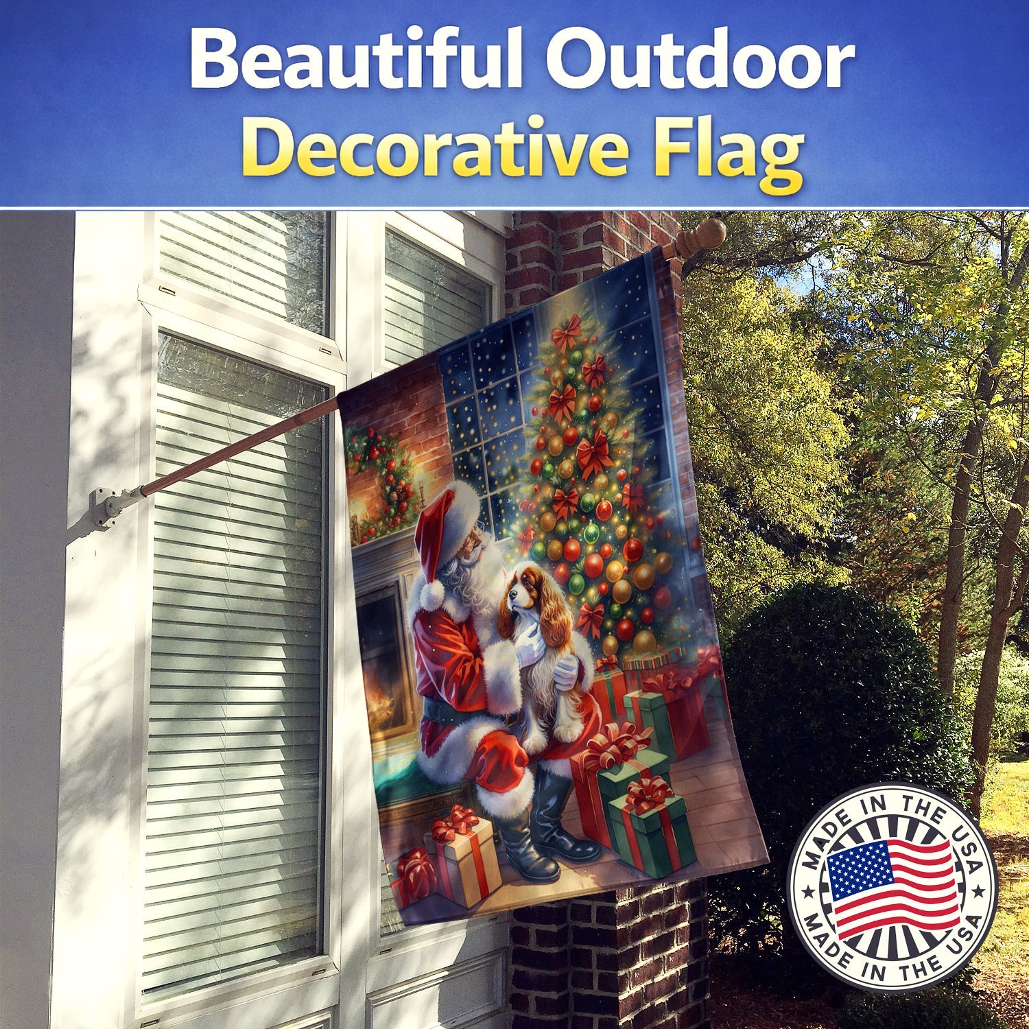 Cavalier Spaniel and Santa Claus House Flag 28x40 Porch Sleeve Pole Decorative Outside Yard Banner Artwork Wall Hanging, Polyester
