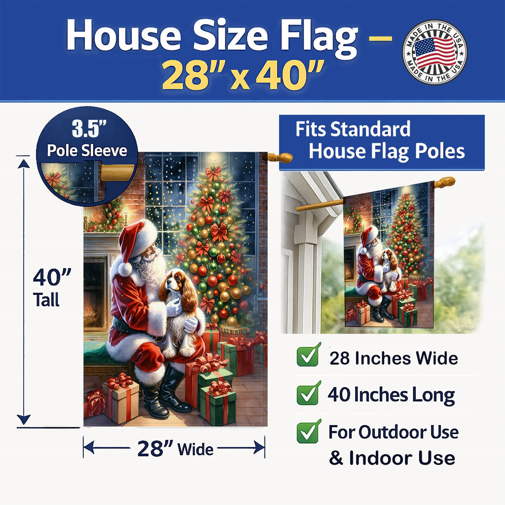 Cavalier Spaniel and Santa Claus House Flag 28x40 Porch Sleeve Pole Decorative Outside Yard Banner Artwork Wall Hanging, Polyester