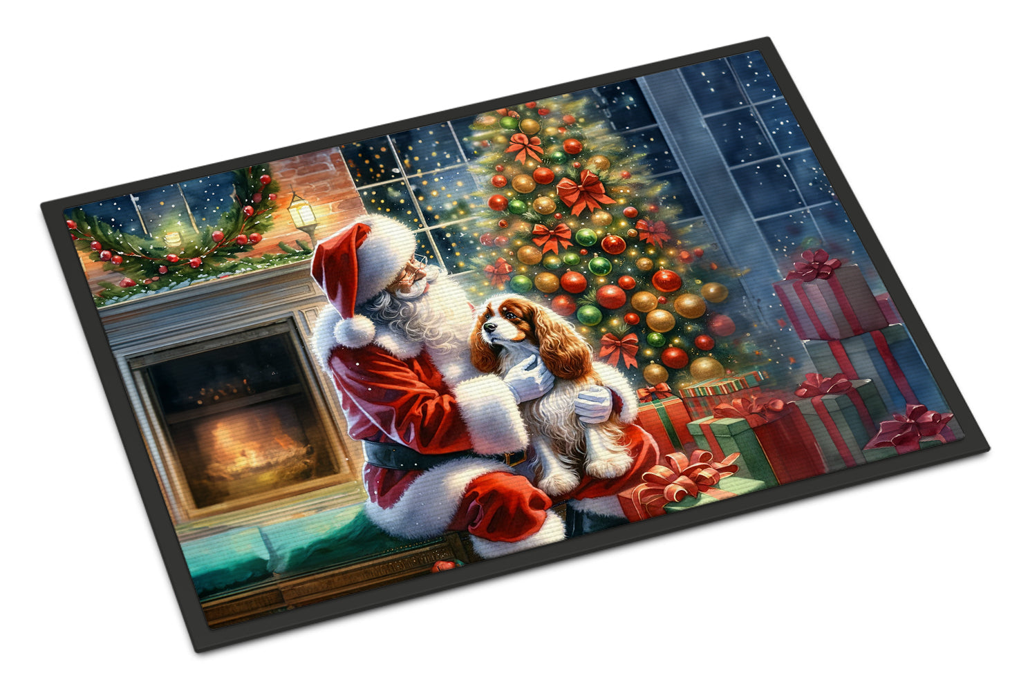 Cavalier Spaniel and Santa Claus Doormat Indoor Outdoor 24H X 36W Front Door Mat Rugs for Entryway, Non Slip Washable Low Pile,