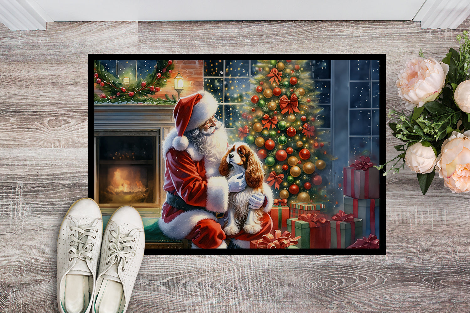 Cavalier Spaniel and Santa Claus Doormat Indoor Outdoor 24H X 36W Front Door Mat Rugs for Entryway, Non Slip Washable Low Pile,