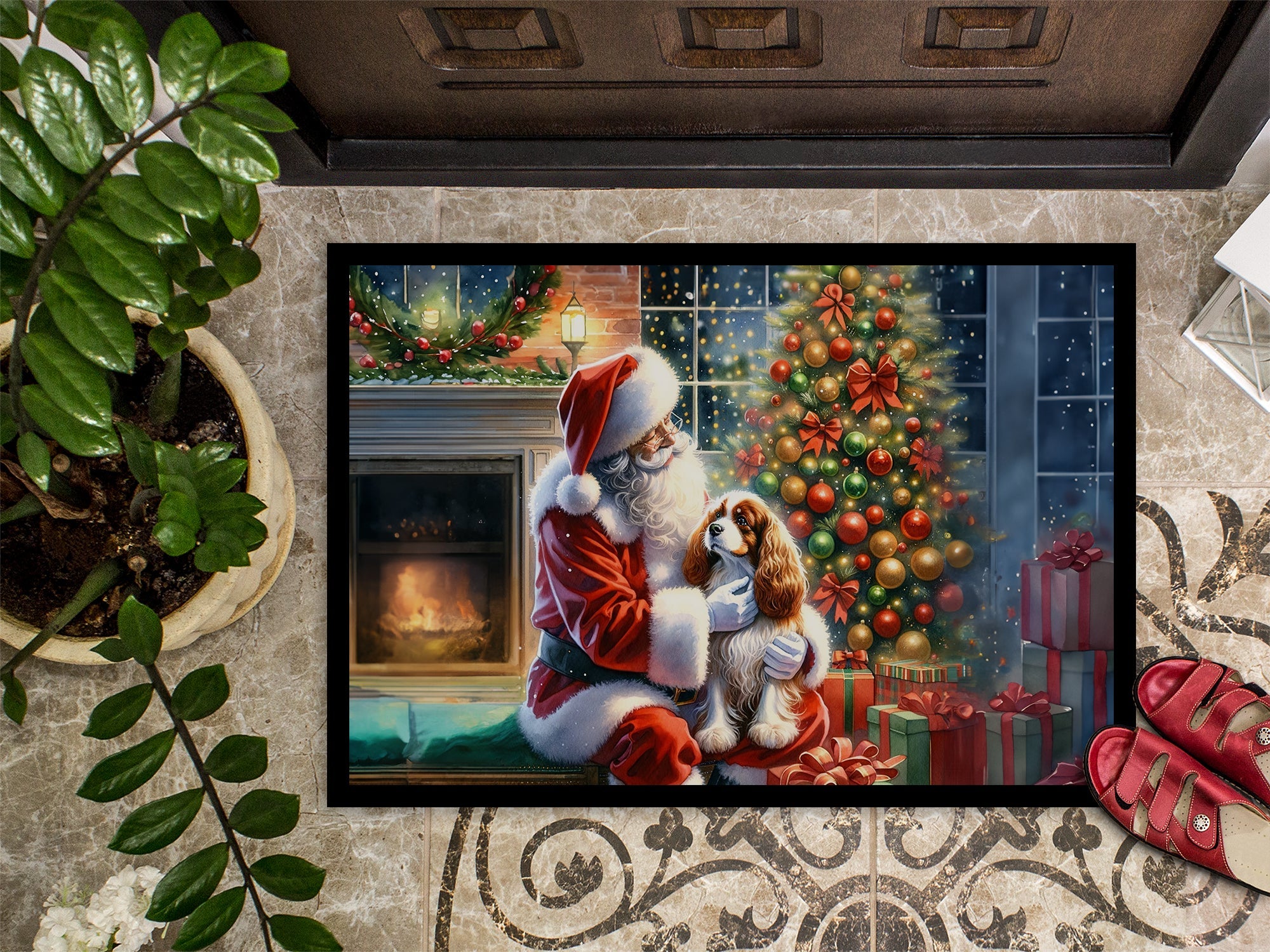 Cavalier Spaniel and Santa Claus Doormat Indoor Outdoor 24H X 36W Front Door Mat Rugs for Entryway, Non Slip Washable Low Pile,