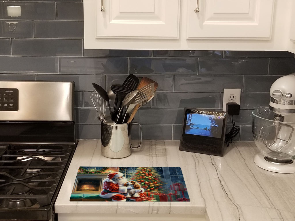 Cavalier Spaniel and Santa Claus Cutting Board Tempered Glass Kitchen Cutting Surface, Heat Resistant Chopping, Non-Slip Feet, Food Prep & Serving