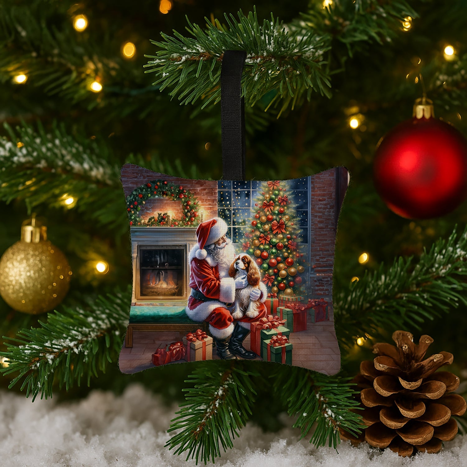 Cavalier Spaniel and Santa Claus Hanging Square Fabric Ornament 3.5 × 3.5 Decorative Door-Knob & Tree Hanger, Soft Fabric