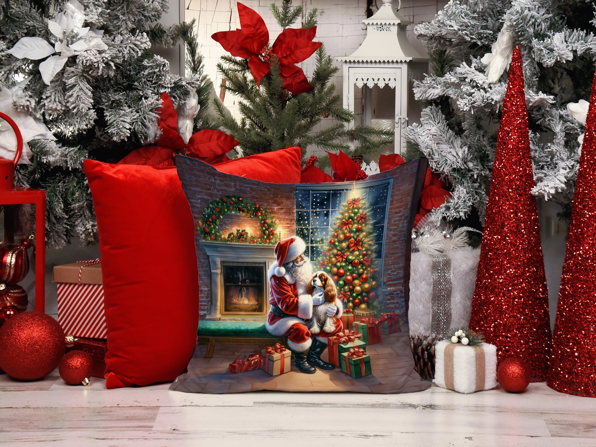 Cavalier Spaniel and Santa Claus Decorative Throw Pillow 14x14 Indoor Outdoor Accent Cushion, Fabric Cover with Insert for Sofa, Bed, Porch & Living Room