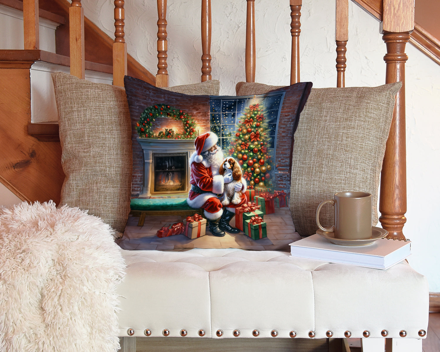 Cavalier Spaniel and Santa Claus Decorative Throw Pillow 14x14 Indoor Outdoor Accent Cushion, Fabric Cover with Insert for Sofa, Bed, Porch & Living Room