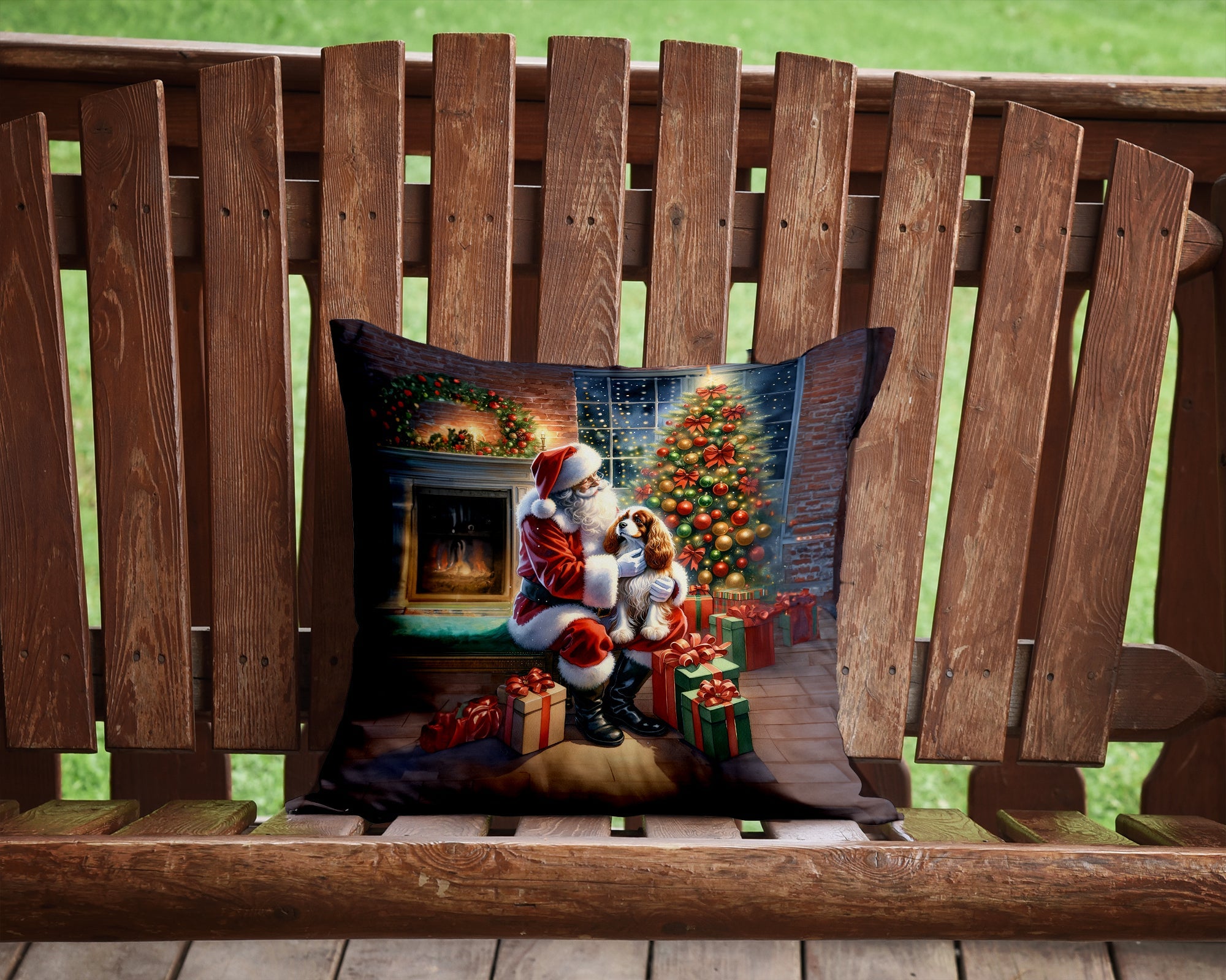 Cavalier Spaniel and Santa Claus Decorative Throw Pillow 14x14 Indoor Outdoor Accent Cushion, Fabric Cover with Insert for Sofa, Bed, Porch & Living Room