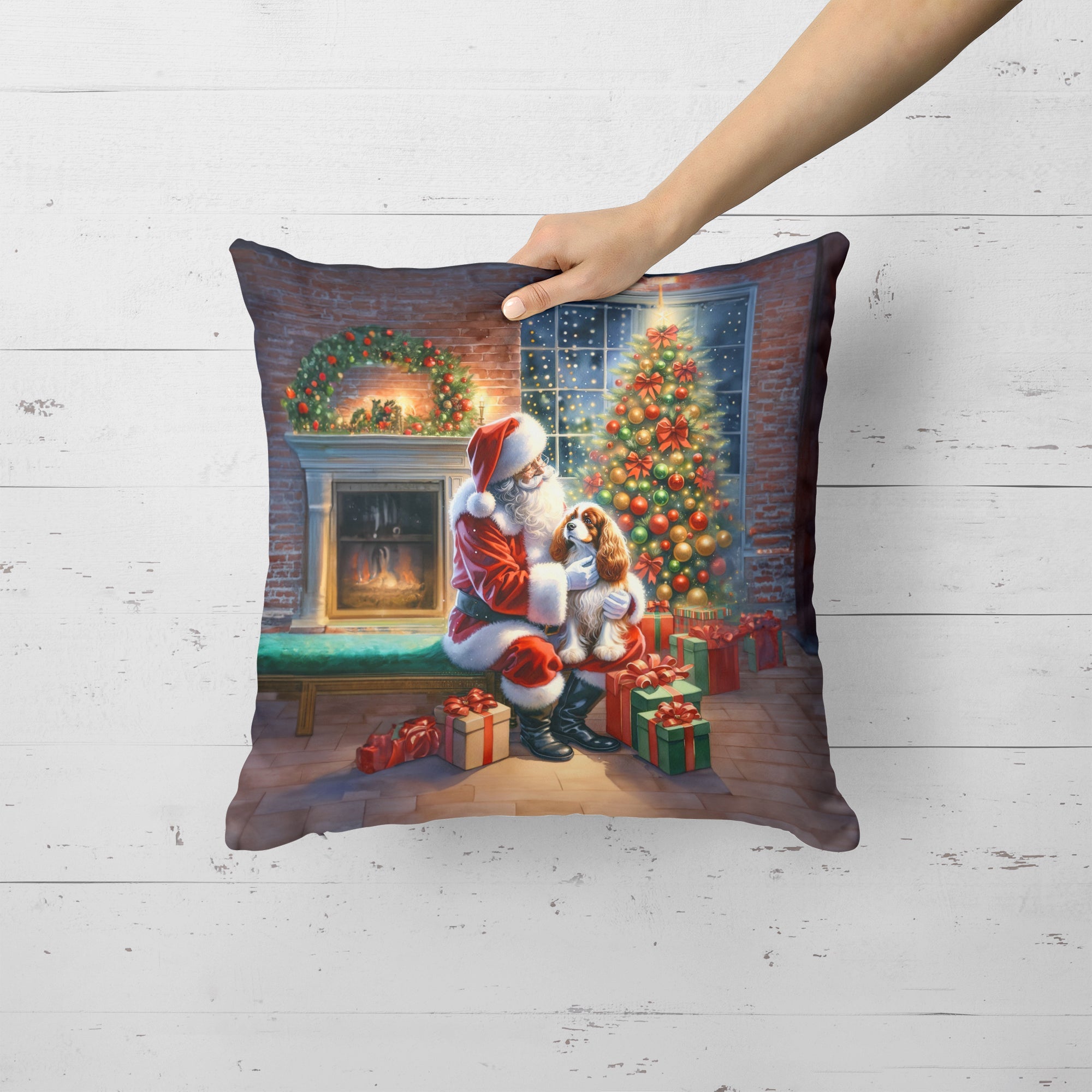 Cavalier Spaniel and Santa Claus Decorative Throw Pillow 18x18 Indoor Outdoor Accent Cushion, Fabric Cover with Insert for Sofa, Bed, Porch & Living Room
