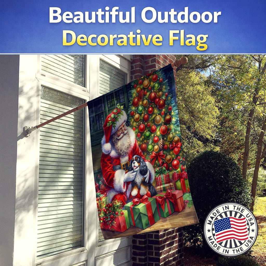 Cavalier Spaniel and Santa Claus House Flag 28x40 Porch Sleeve Pole Decorative Outside Yard Banner Artwork Wall Hanging, Polyester