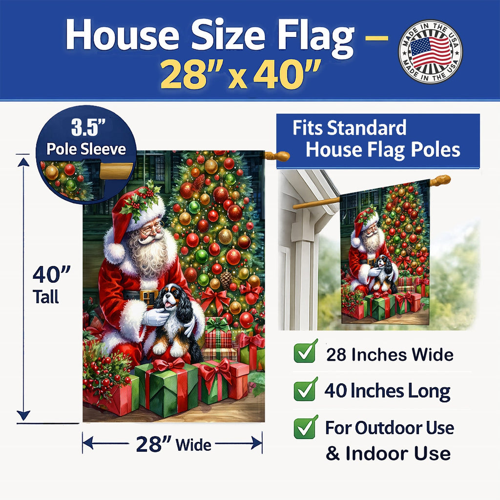Cavalier Spaniel and Santa Claus House Flag 28x40 Porch Sleeve Pole Decorative Outside Yard Banner Artwork Wall Hanging, Polyester