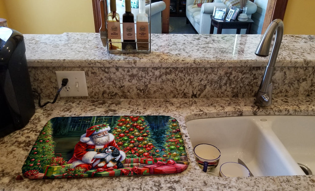 Cavalier Spaniel and Santa Claus Dish Drying Mat Absorbent Dish Drying Mat Pad for Kitchen Counter Dish Drainer Mat for Countertop, 14 x 21", Multicolor