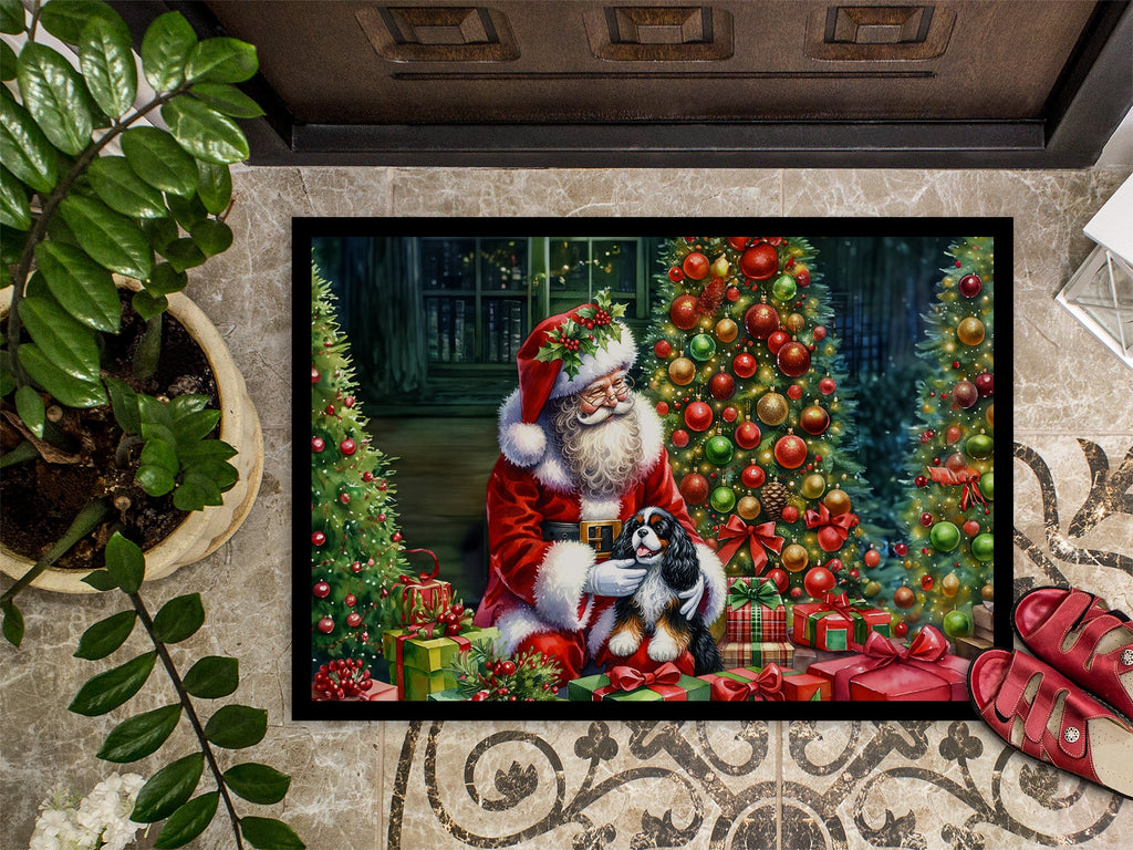 Cavalier Spaniel and Santa Claus Doormat Indoor Outdoor 24H X 36W Front Door Mat Rugs for Entryway, Non Slip Washable Low Pile,