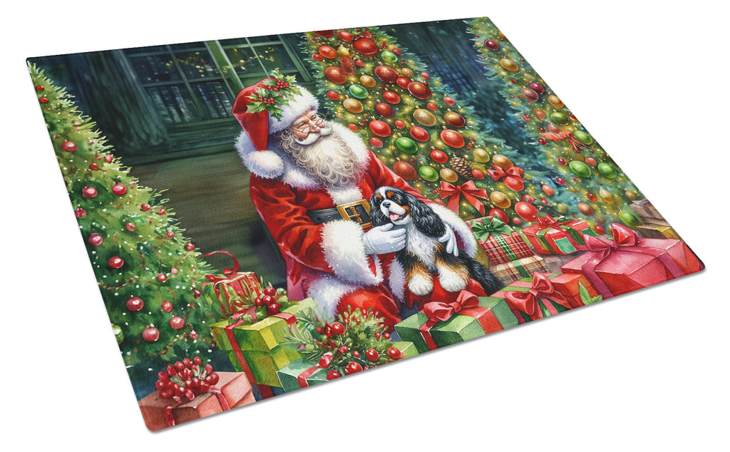 Cavalier Spaniel and Santa Claus Cutting Board Tempered Glass Kitchen Cutting Surface, Heat Resistant Chopping, Non-Slip Feet, Food Prep & Serving