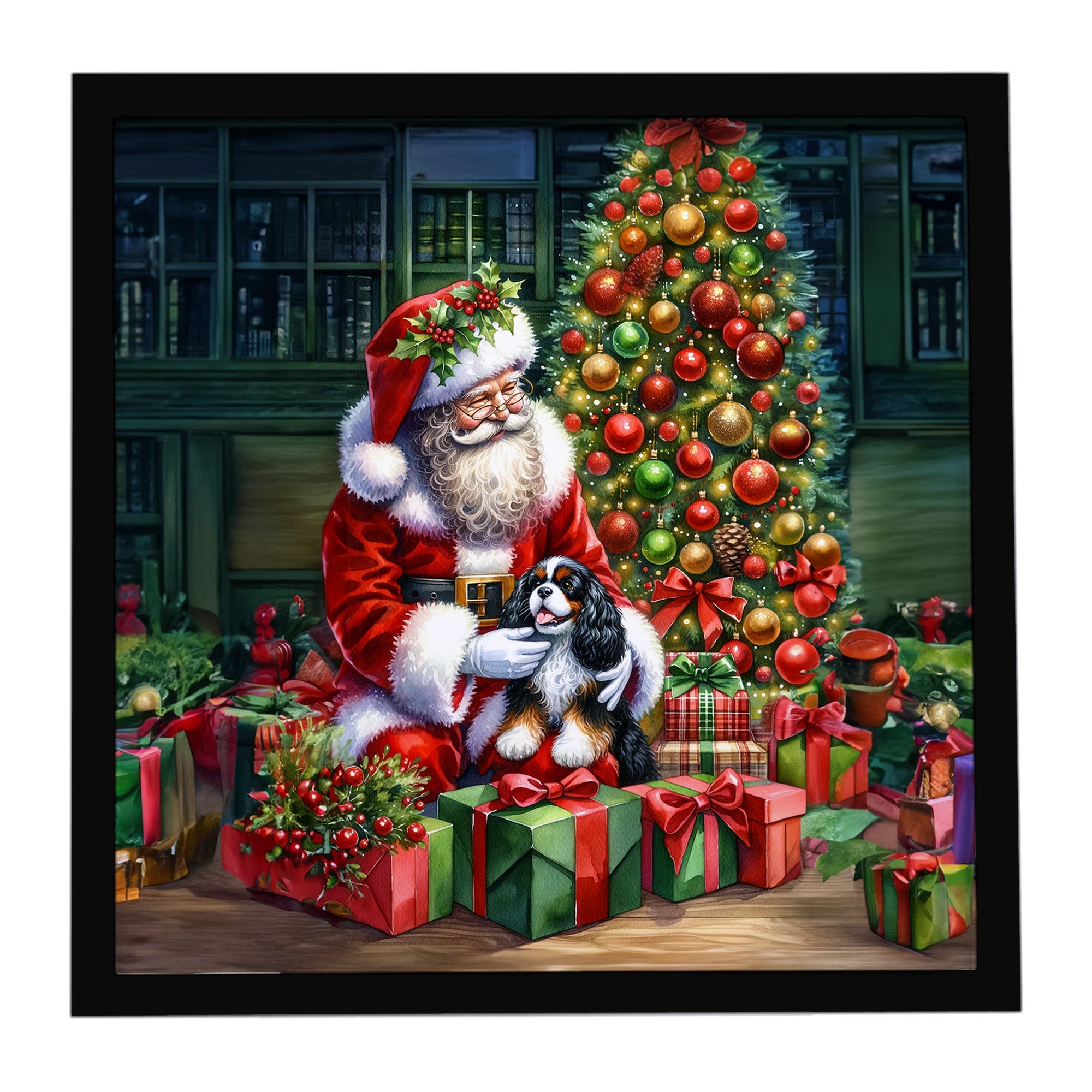Cavalier Spaniel and Santa Claus Framed Metal Print Bathroom, Kitchen, Office, Home Decor Wall Art Ready to Hang, Square, 8X8