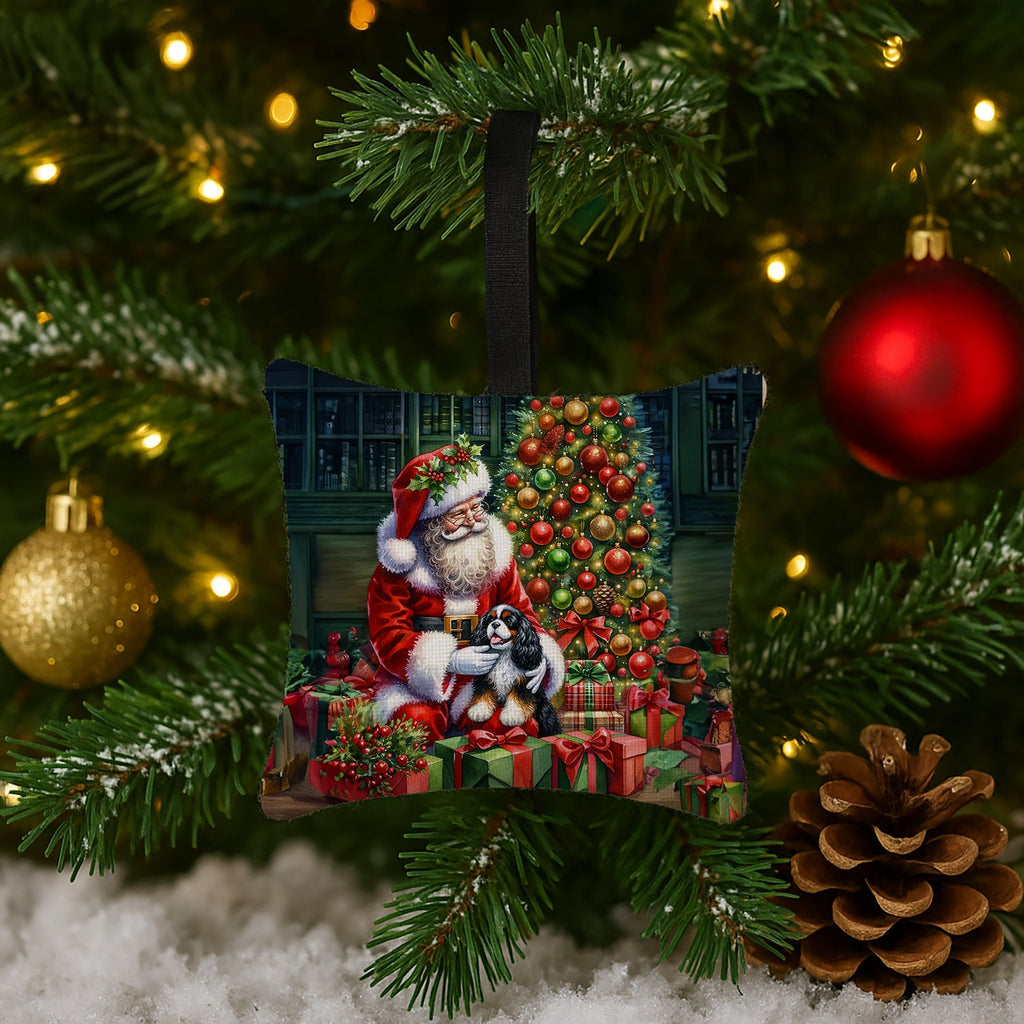 Cavalier Spaniel and Santa Claus Hanging Square Fabric Ornament 3.5 × 3.5 Decorative Door-Knob & Tree Hanger, Soft Fabric