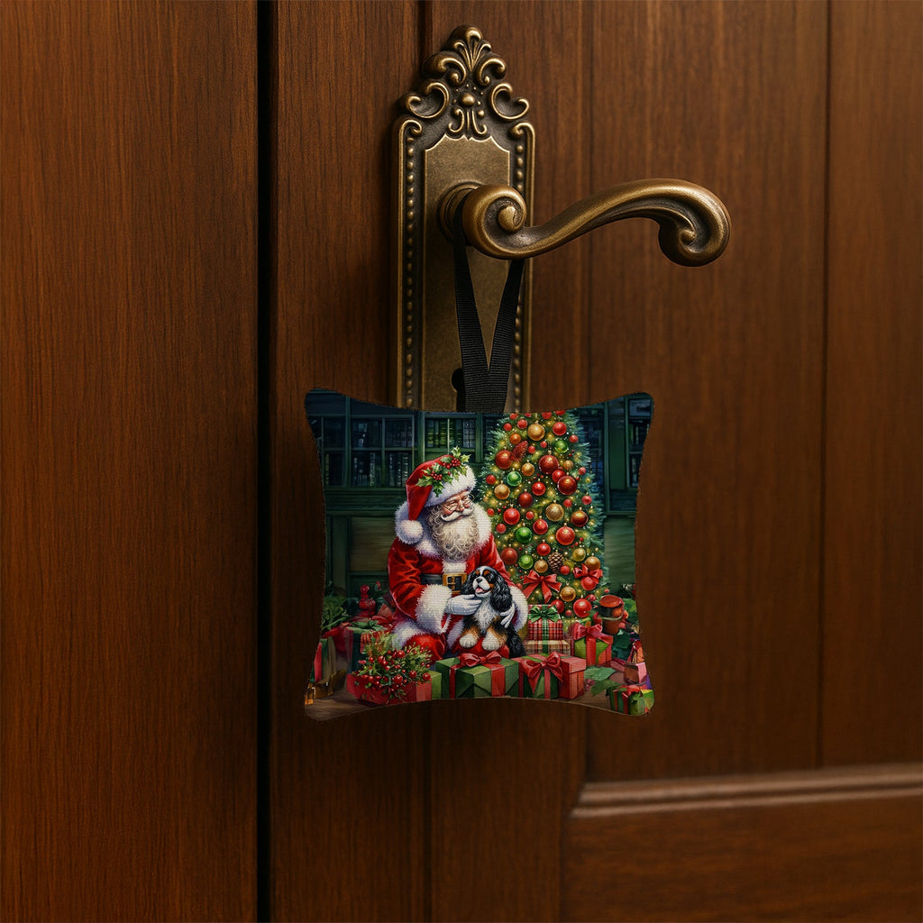 Cavalier Spaniel and Santa Claus Hanging Square Fabric Ornament 3.5 × 3.5 Decorative Door-Knob & Tree Hanger, Soft Fabric