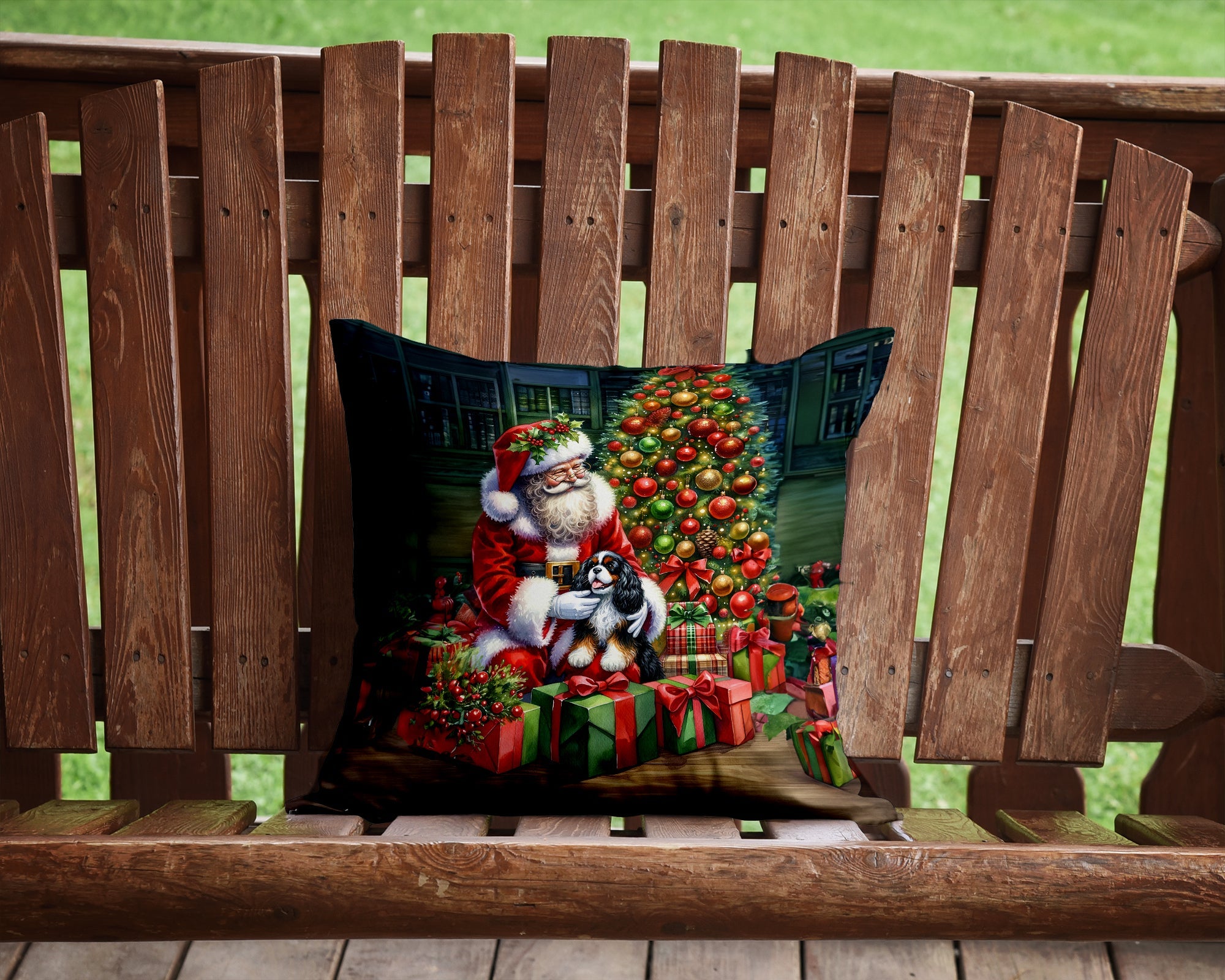 Cavalier Spaniel and Santa Claus Decorative Throw Pillow 14x14 Indoor Outdoor Accent Cushion, Fabric Cover with Insert for Sofa, Bed, Porch & Living Room