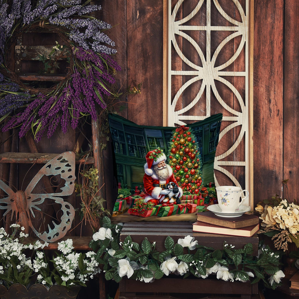 Cavalier Spaniel and Santa Claus Decorative Throw Pillow 14x14 Indoor Outdoor Accent Cushion, Fabric Cover with Insert for Sofa, Bed, Porch & Living Room