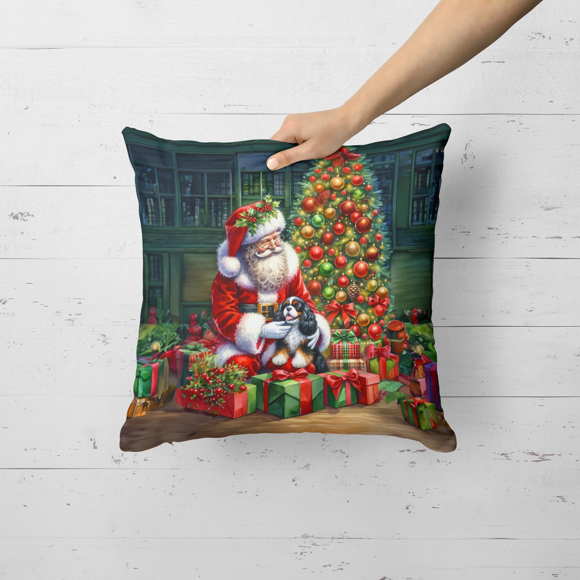 Cavalier Spaniel and Santa Claus Decorative Throw Pillow 18x18 Indoor Outdoor Accent Cushion, Fabric Cover with Insert for Sofa, Bed, Porch & Living Room