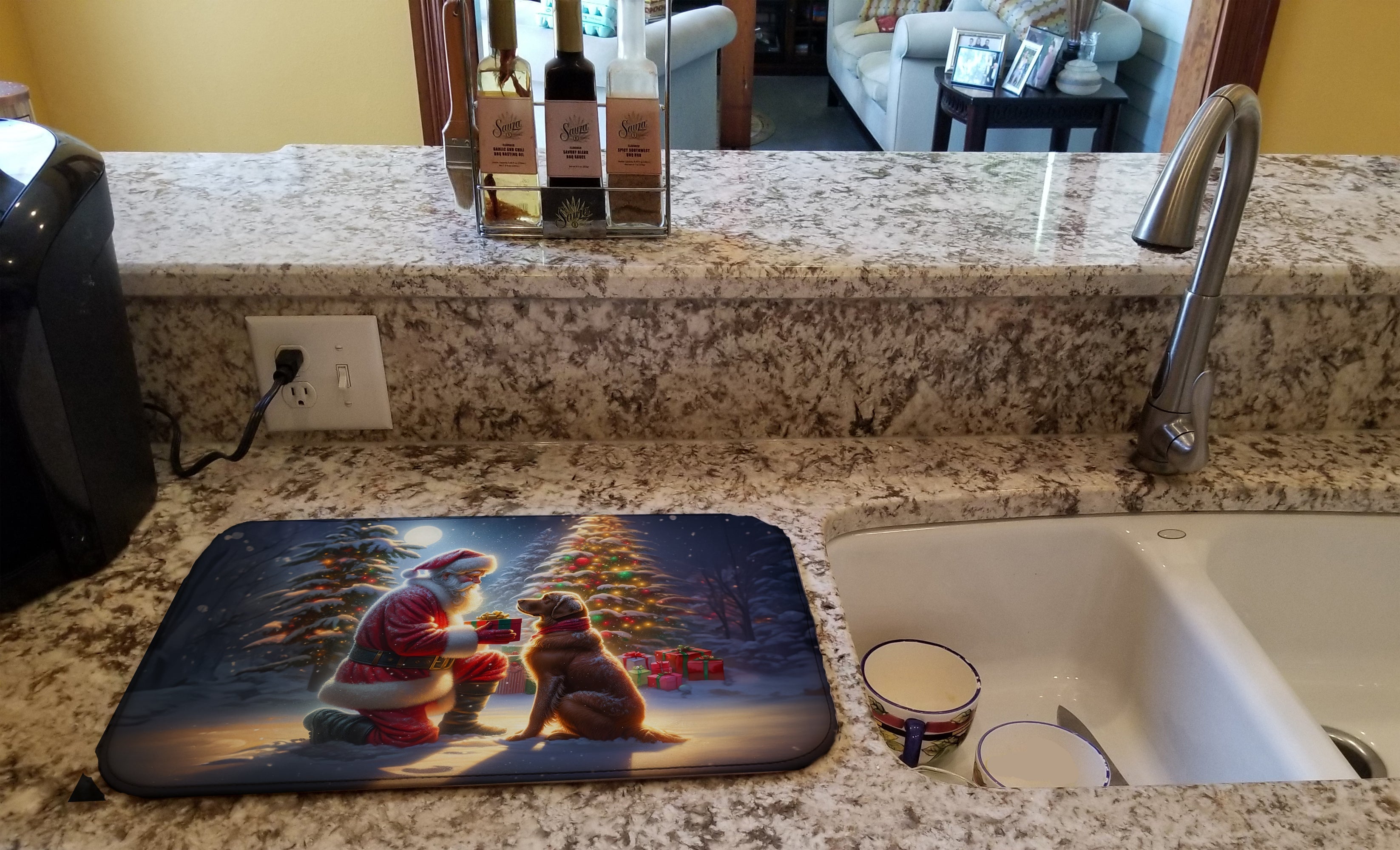 Chesapeake Bay Retriever and Santa Claus Dish Drying Mat Absorbent Dish Drying Mat Pad for Kitchen Counter Dish Drainer Mat for Countertop, 14 x 21", Multicolor