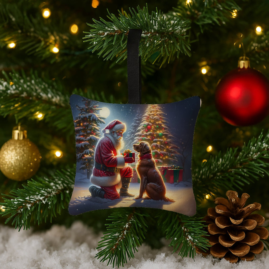 Chesapeake Bay Retriever and Santa Claus Hanging Square Fabric Ornament 3.5 × 3.5 Decorative Door-Knob & Tree Hanger, Soft Fabric