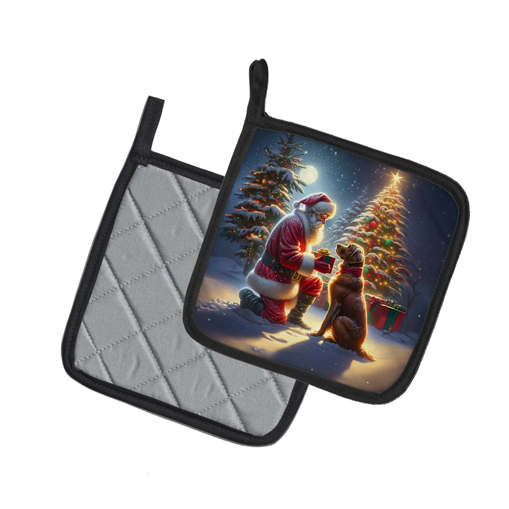 Chesapeake Bay Retriever and Santa Claus Pot Holder Set of 2 Heat Resistant Quilted Hot Pads 7.5 x 7.5 Inch, Insulated Kitchen Trivets for Cooking & Baking