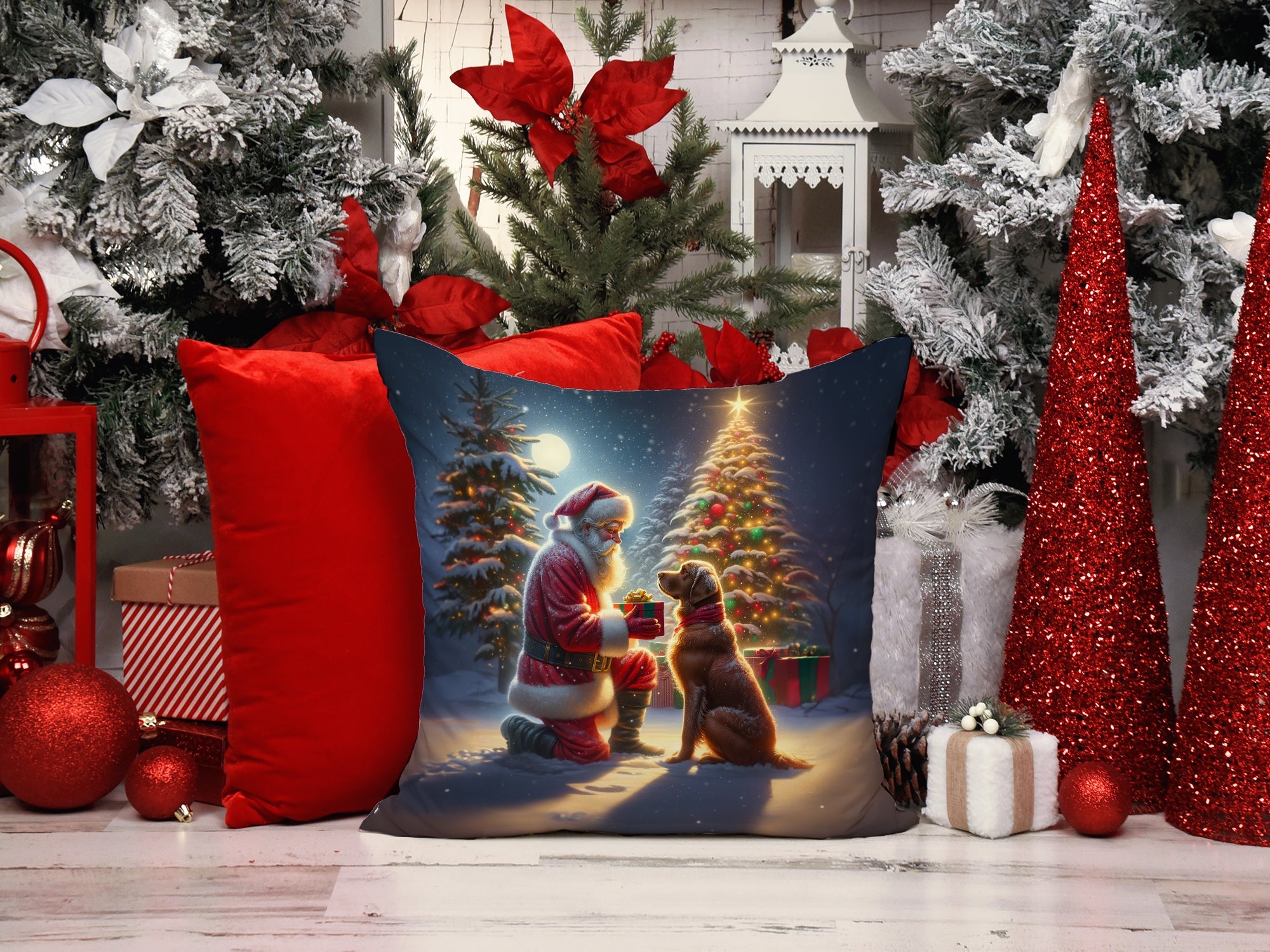 Chesapeake Bay Retriever and Santa Claus Decorative Throw Pillow 14x14 Indoor Outdoor Accent Cushion, Fabric Cover with Insert for Sofa, Bed, Porch & Living Room