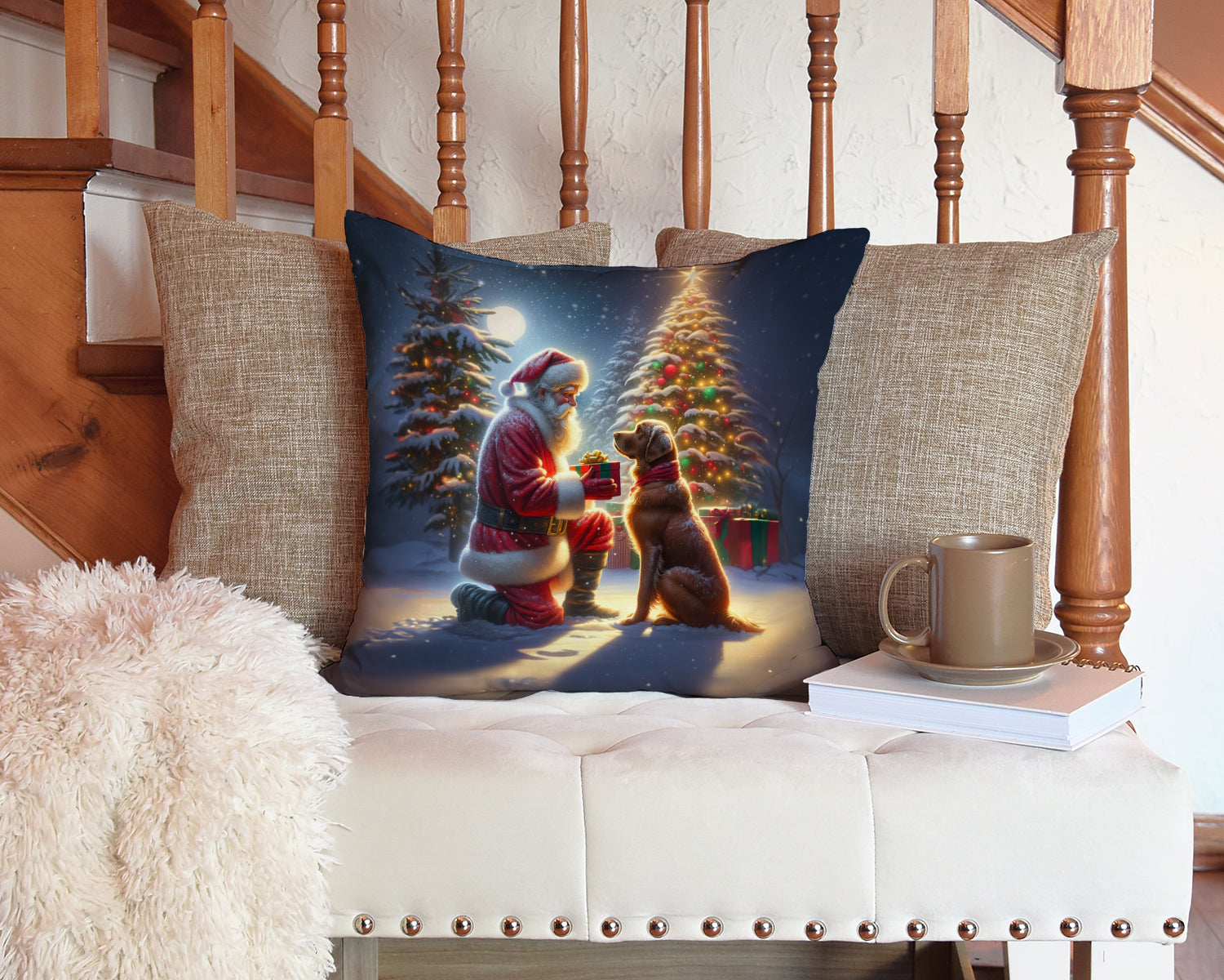 Chesapeake Bay Retriever and Santa Claus Decorative Throw Pillow 14x14 Indoor Outdoor Accent Cushion, Fabric Cover with Insert for Sofa, Bed, Porch & Living Room