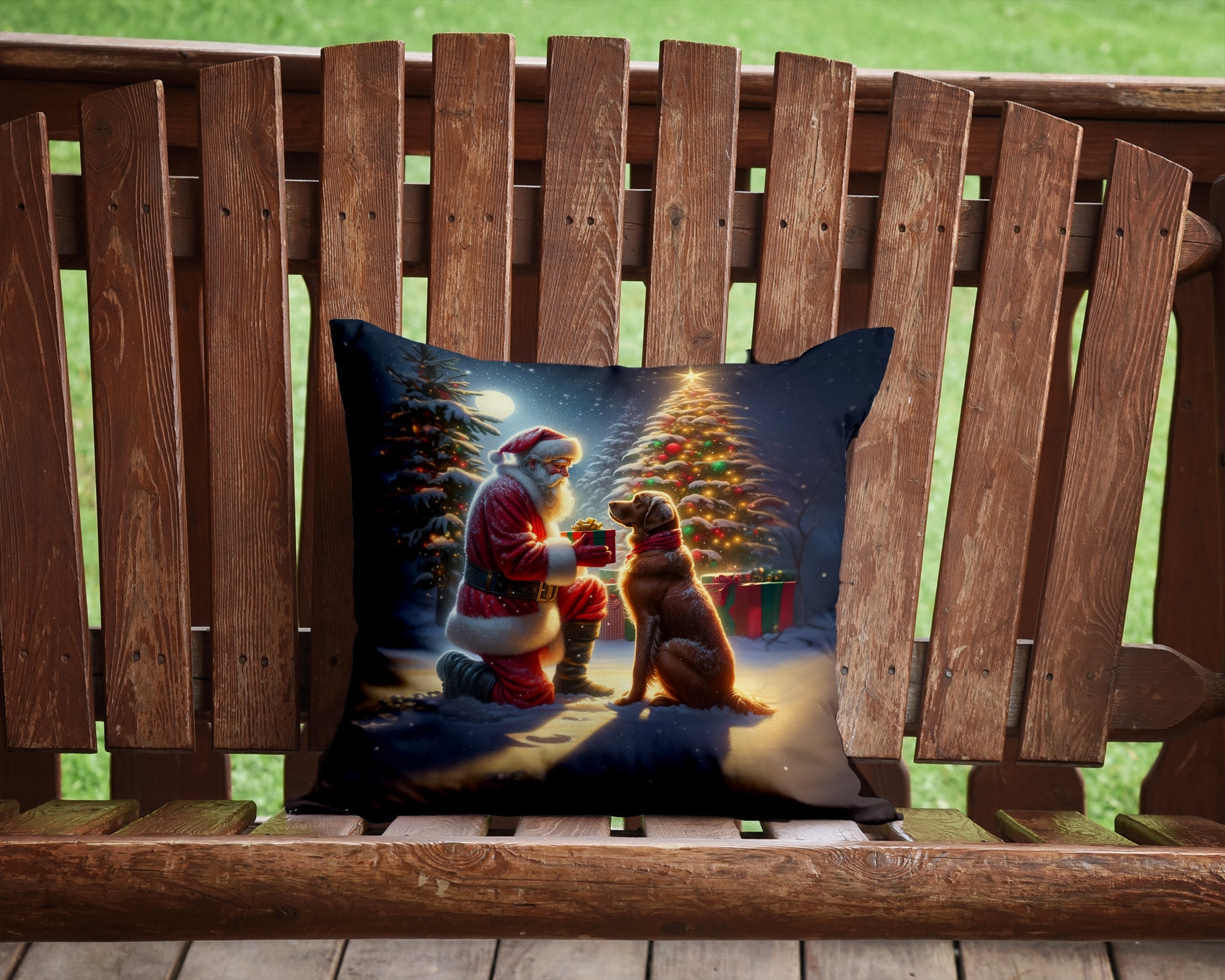 Chesapeake Bay Retriever and Santa Claus Decorative Throw Pillow 14x14 Indoor Outdoor Accent Cushion, Fabric Cover with Insert for Sofa, Bed, Porch & Living Room