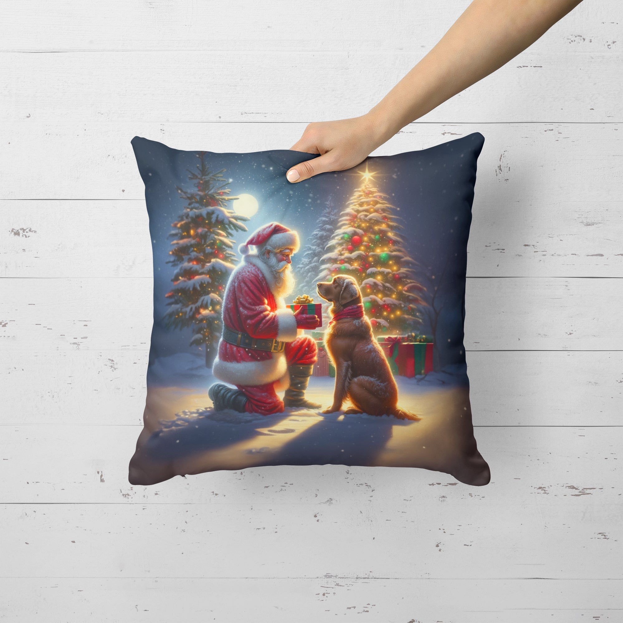 Chesapeake Bay Retriever and Santa Claus Decorative Throw Pillow 18x18 Indoor Outdoor Accent Cushion, Fabric Cover with Insert for Sofa, Bed, Porch & Living Room