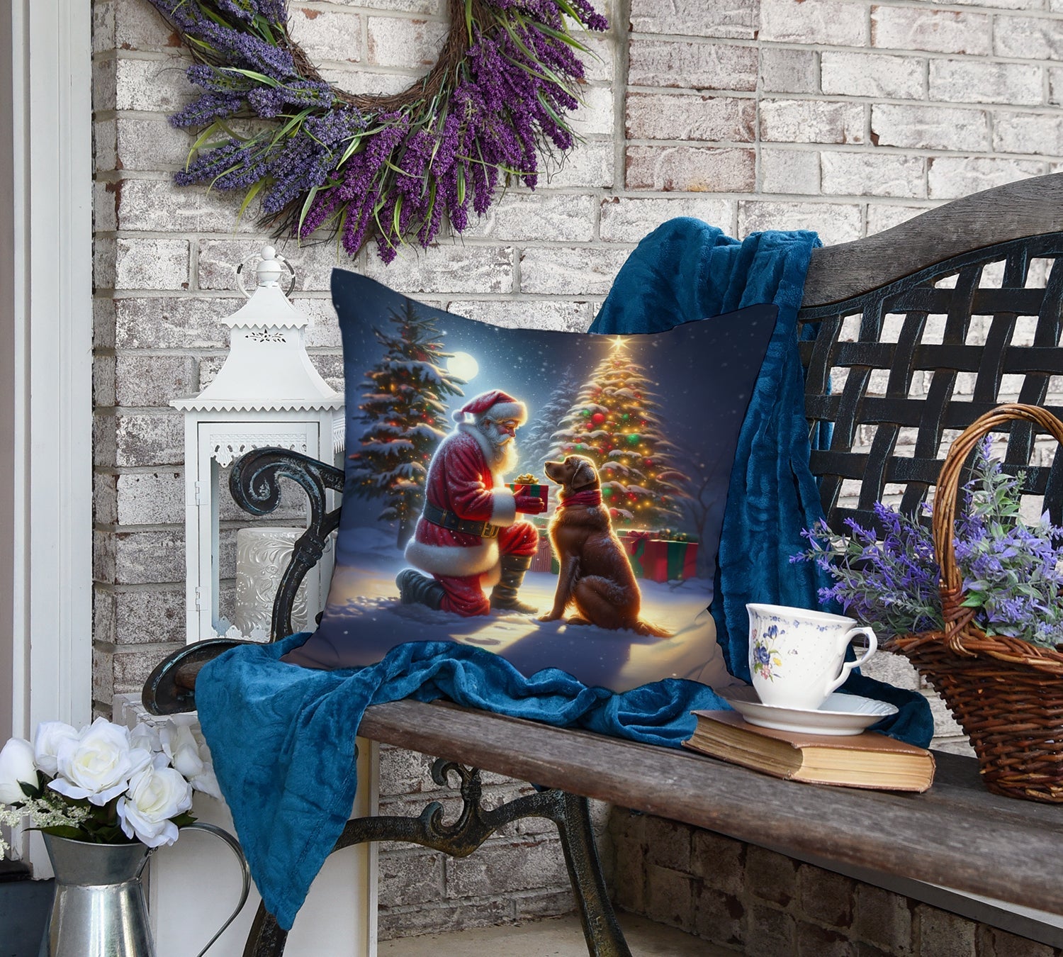 Chesapeake Bay Retriever and Santa Claus Decorative Throw Pillow 18x18 Indoor Outdoor Accent Cushion, Fabric Cover with Insert for Sofa, Bed, Porch & Living Room