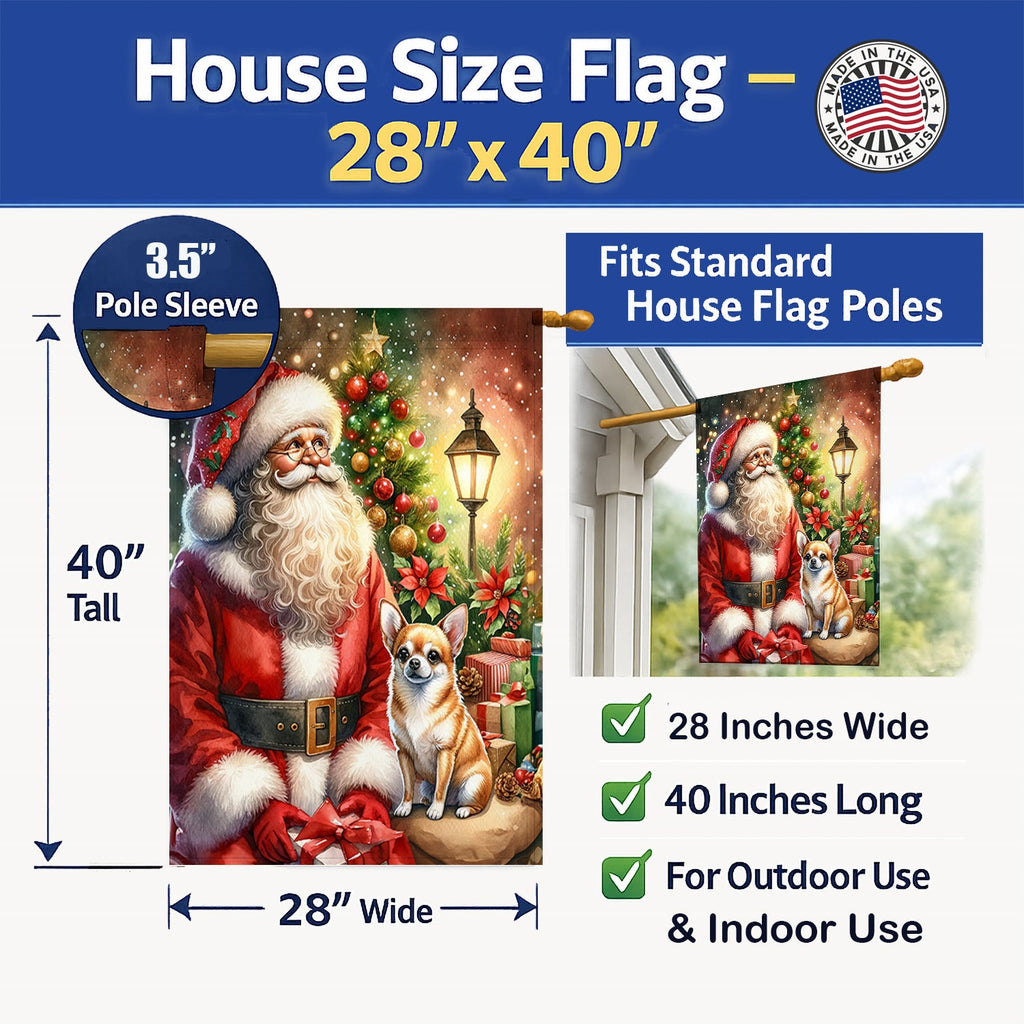Chihuahua and Santa Claus House Flag 28x40 Porch Sleeve Pole Decorative Outside Yard Banner Artwork Wall Hanging, Polyester