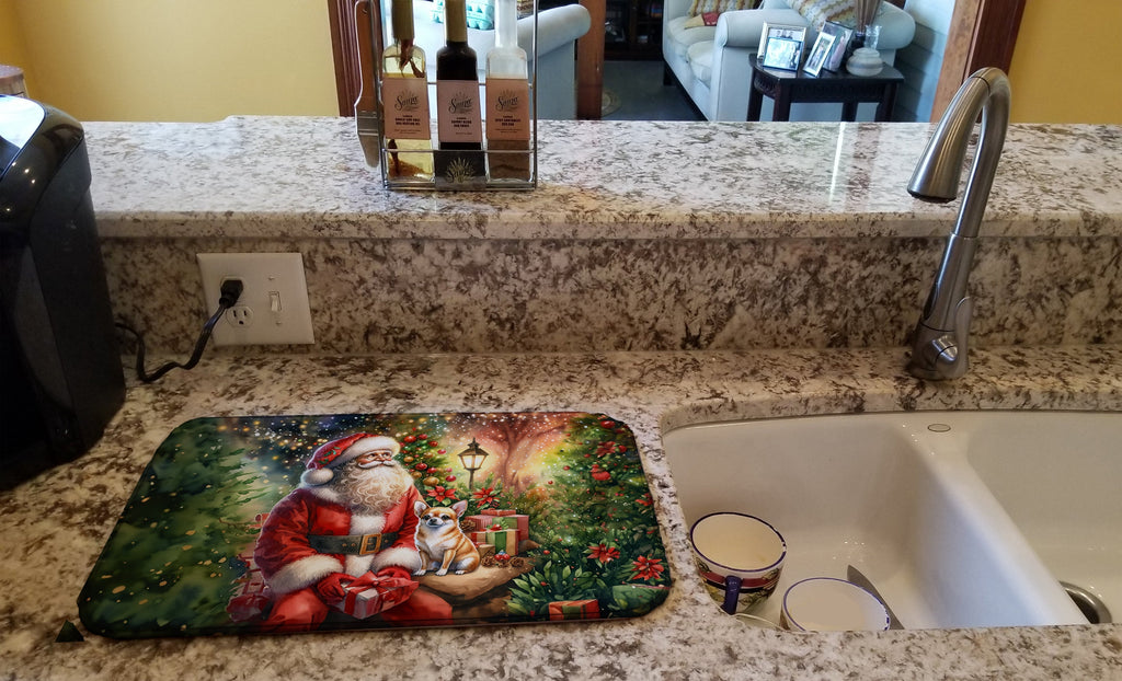 Chihuahua and Santa Claus Dish Drying Mat Absorbent Dish Drying Mat Pad for Kitchen Counter Dish Drainer Mat for Countertop, 14 x 21", Multicolor