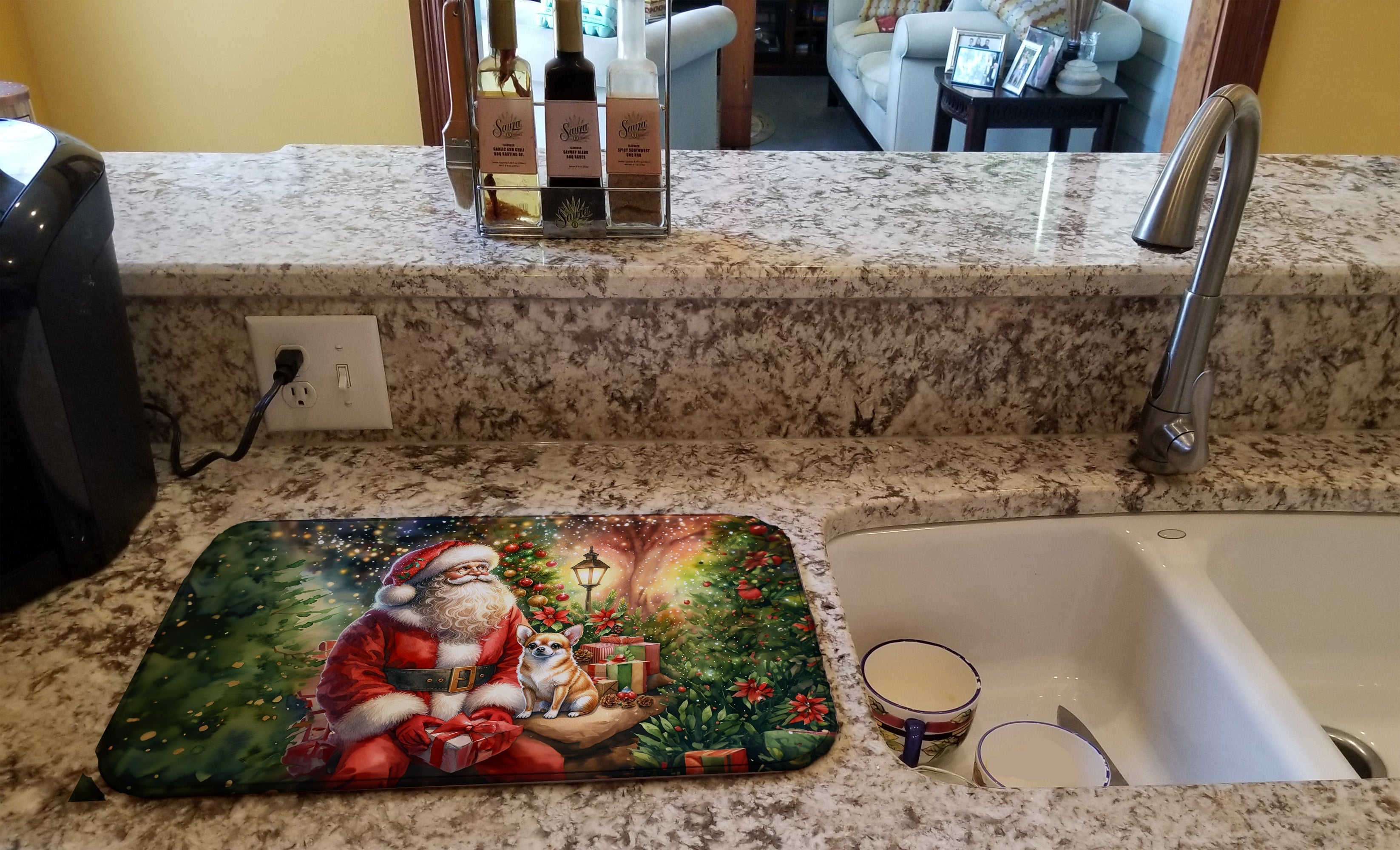 Chihuahua and Santa Claus Dish Drying Mat Absorbent Dish Drying Mat Pad for Kitchen Counter Dish Drainer Mat for Countertop, 14 x 21", Multicolor