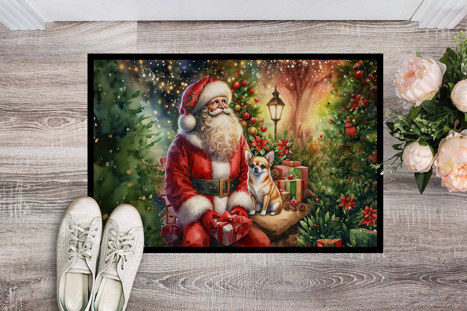 Chihuahua and Santa Claus Doormat Indoor Outdoor 24H X 36W Front Door Mat Rugs for Entryway, Non Slip Washable Low Pile,