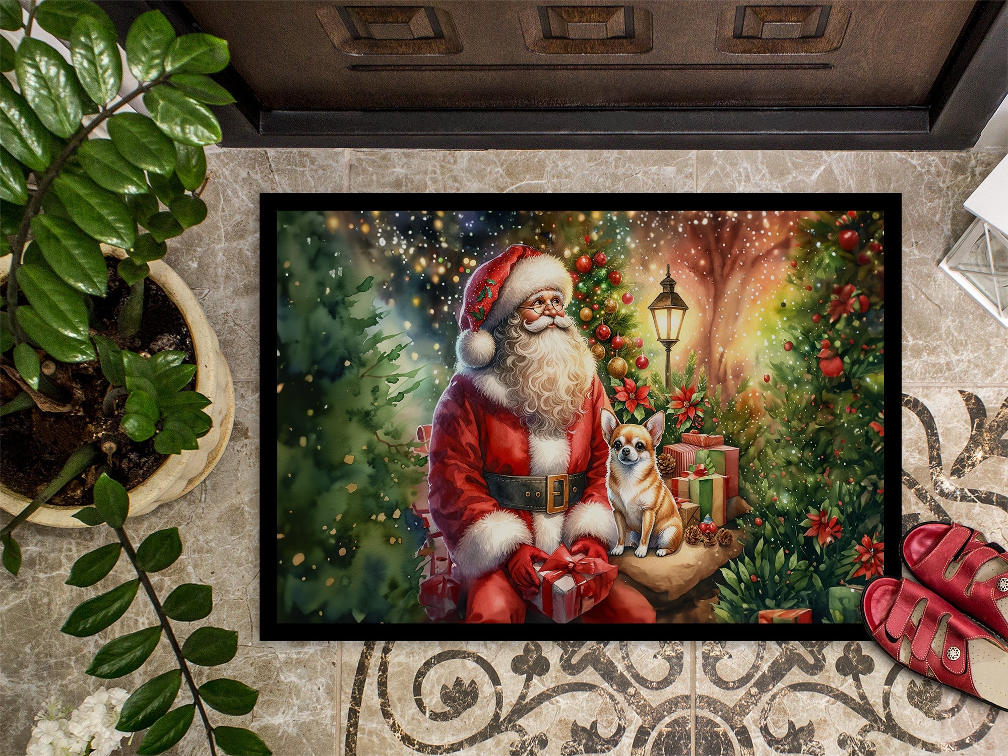 Chihuahua and Santa Claus Doormat Indoor Outdoor 24H X 36W Front Door Mat Rugs for Entryway, Non Slip Washable Low Pile,