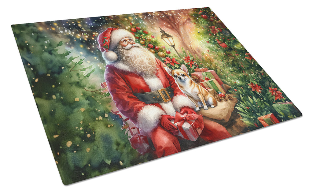 Chihuahua and Santa Claus Cutting Board Tempered Glass Kitchen Cutting Surface, Heat Resistant Chopping, Non-Slip Feet, Food Prep & Serving