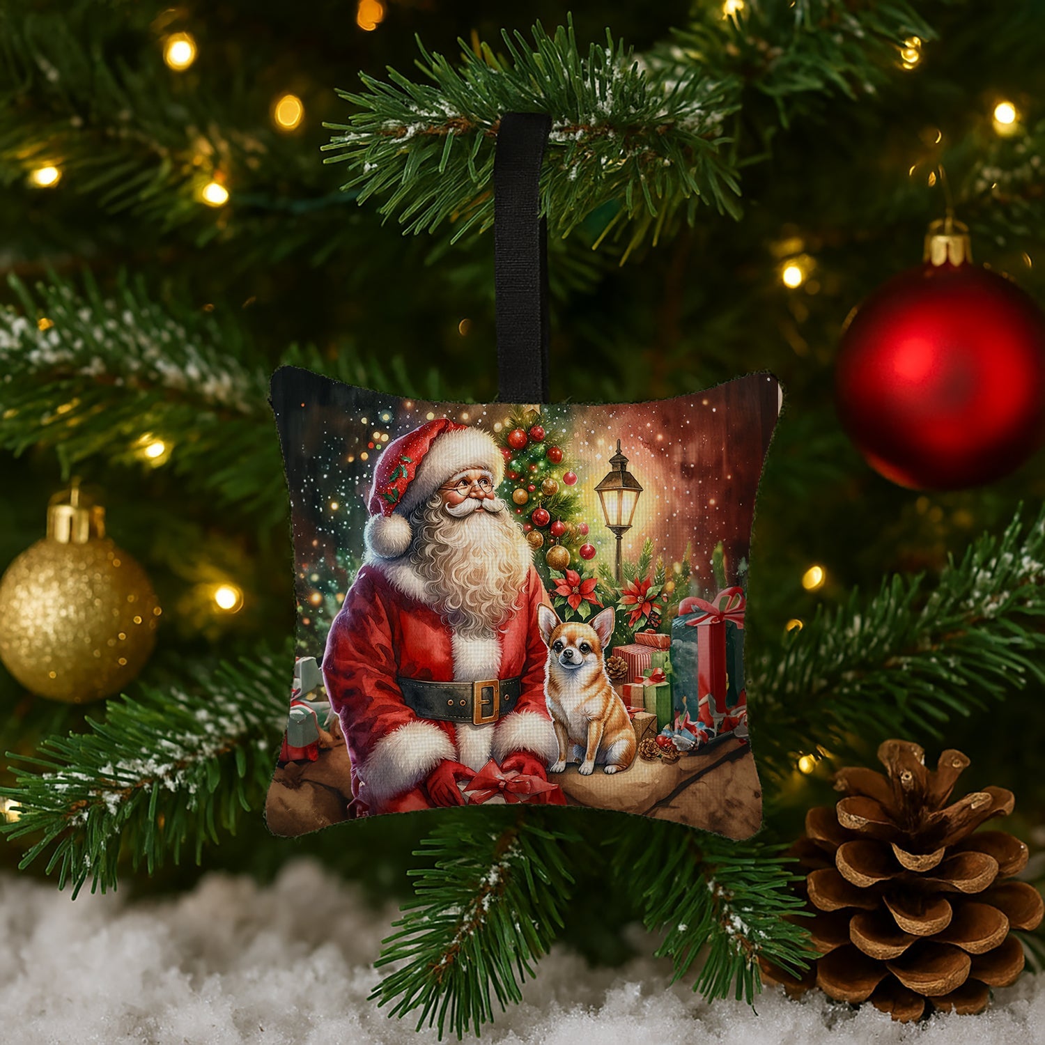 Chihuahua and Santa Claus Hanging Square Fabric Ornament 3.5 × 3.5 Decorative Door-Knob & Tree Hanger, Soft Fabric