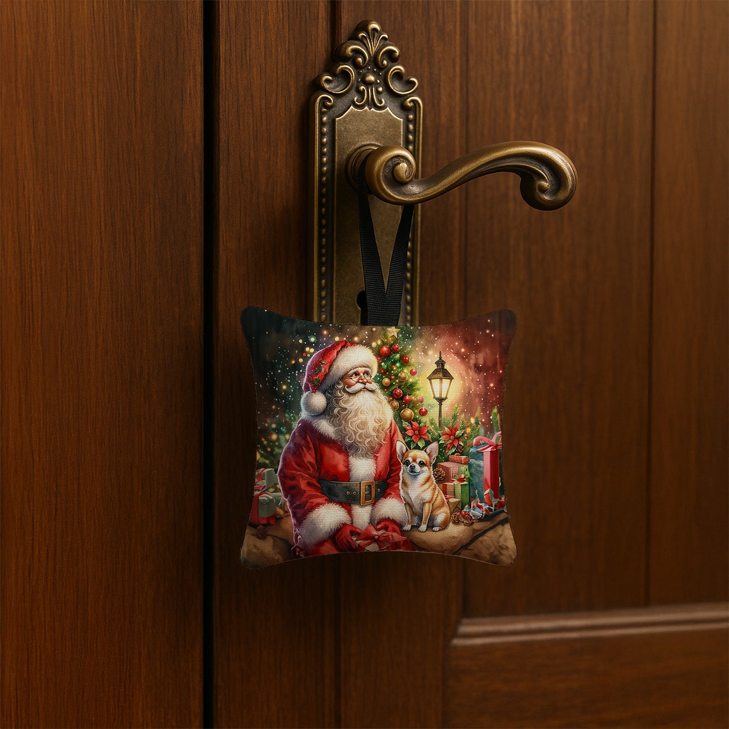 Chihuahua and Santa Claus Hanging Square Fabric Ornament 3.5 × 3.5 Decorative Door-Knob & Tree Hanger, Soft Fabric