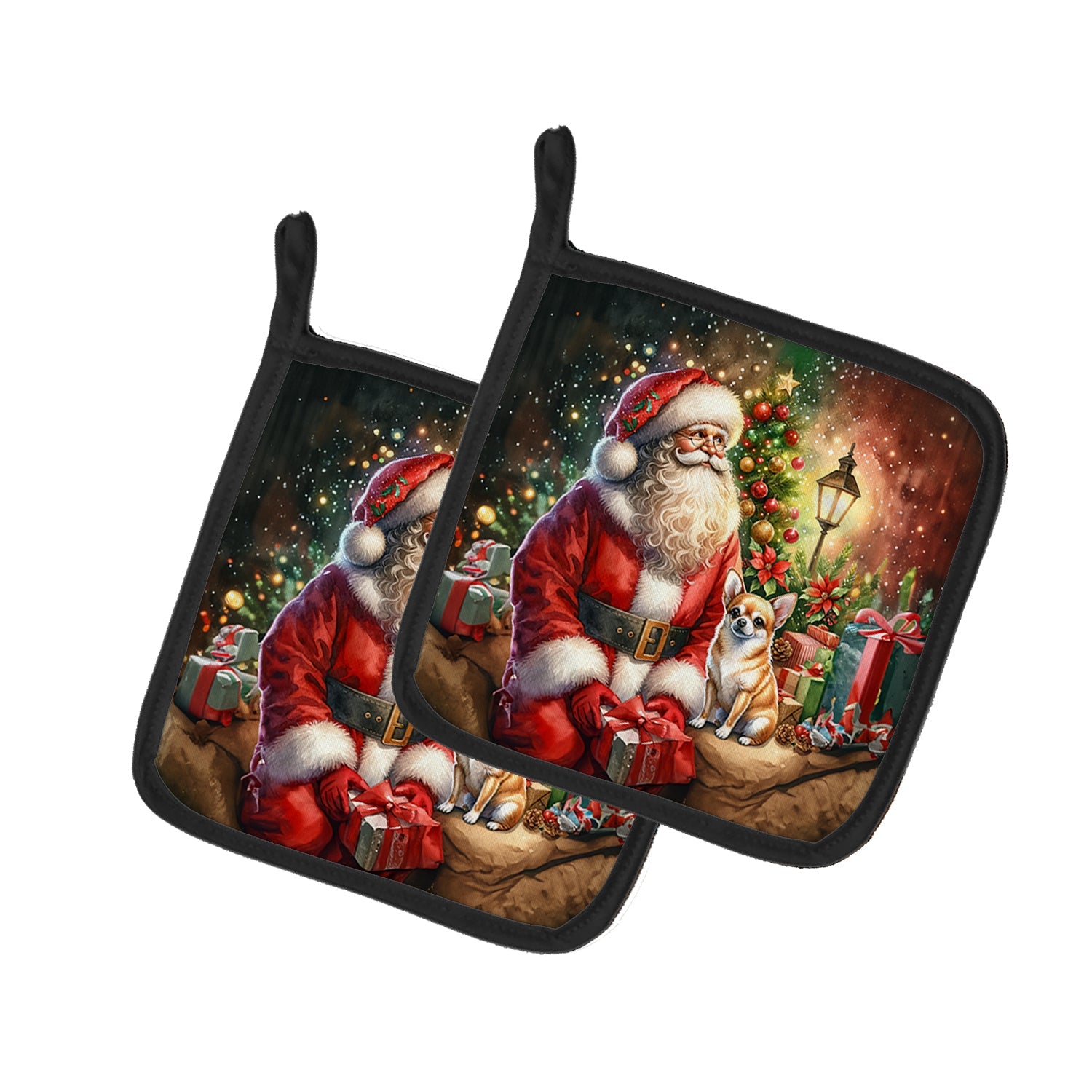 Chihuahua and Santa Claus Pot Holder Set of 2 Heat Resistant Quilted Hot Pads 7.5 x 7.5 Inch, Insulated Kitchen Trivets for Cooking & Baking