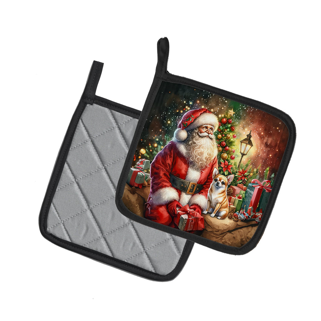 Chihuahua and Santa Claus Pot Holder Set of 2 Heat Resistant Quilted Hot Pads 7.5 x 7.5 Inch, Insulated Kitchen Trivets for Cooking & Baking
