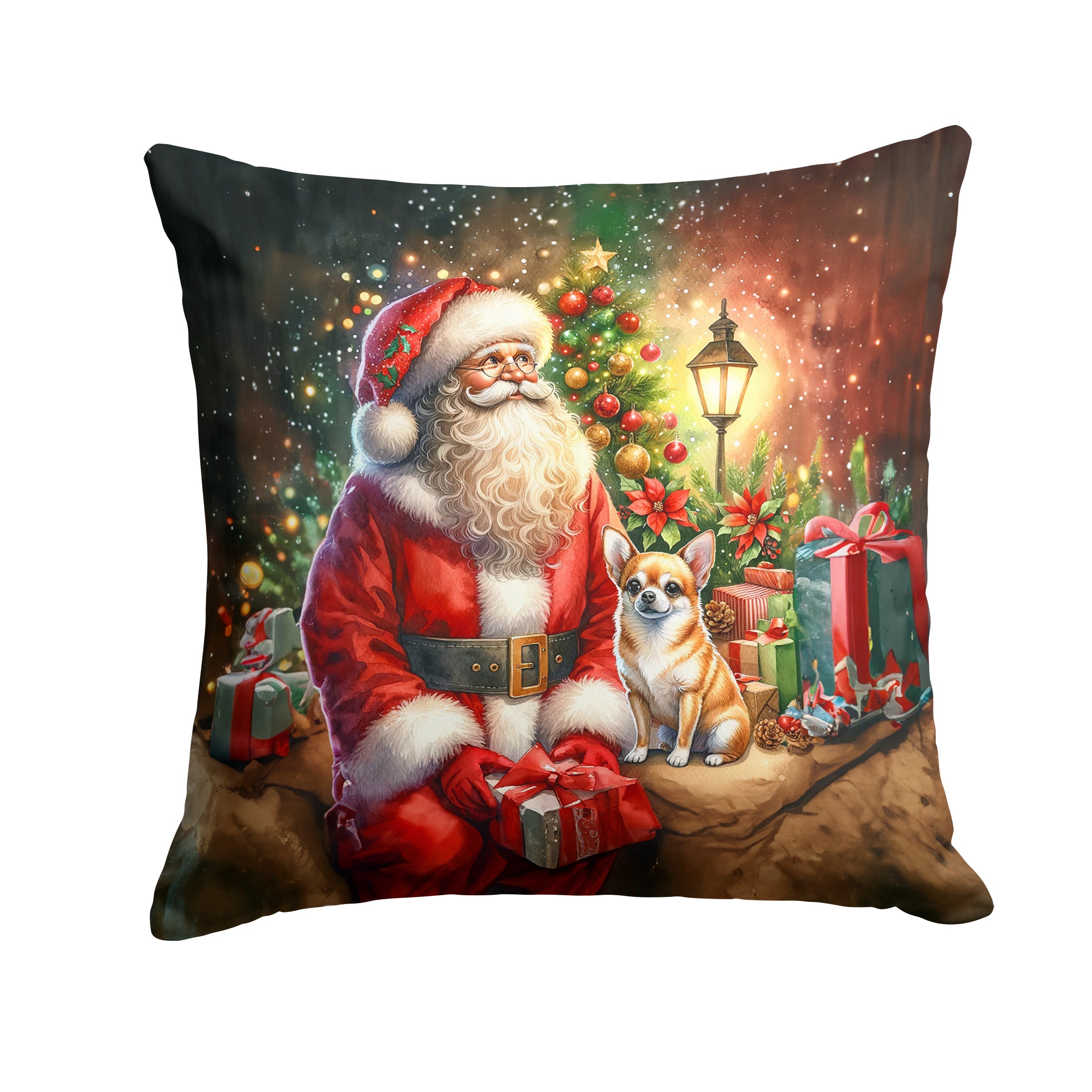 Chihuahua and Santa Claus Decorative Throw Pillow 14x14 Indoor Outdoor Accent Cushion, Fabric Cover with Insert for Sofa, Bed, Porch & Living Room