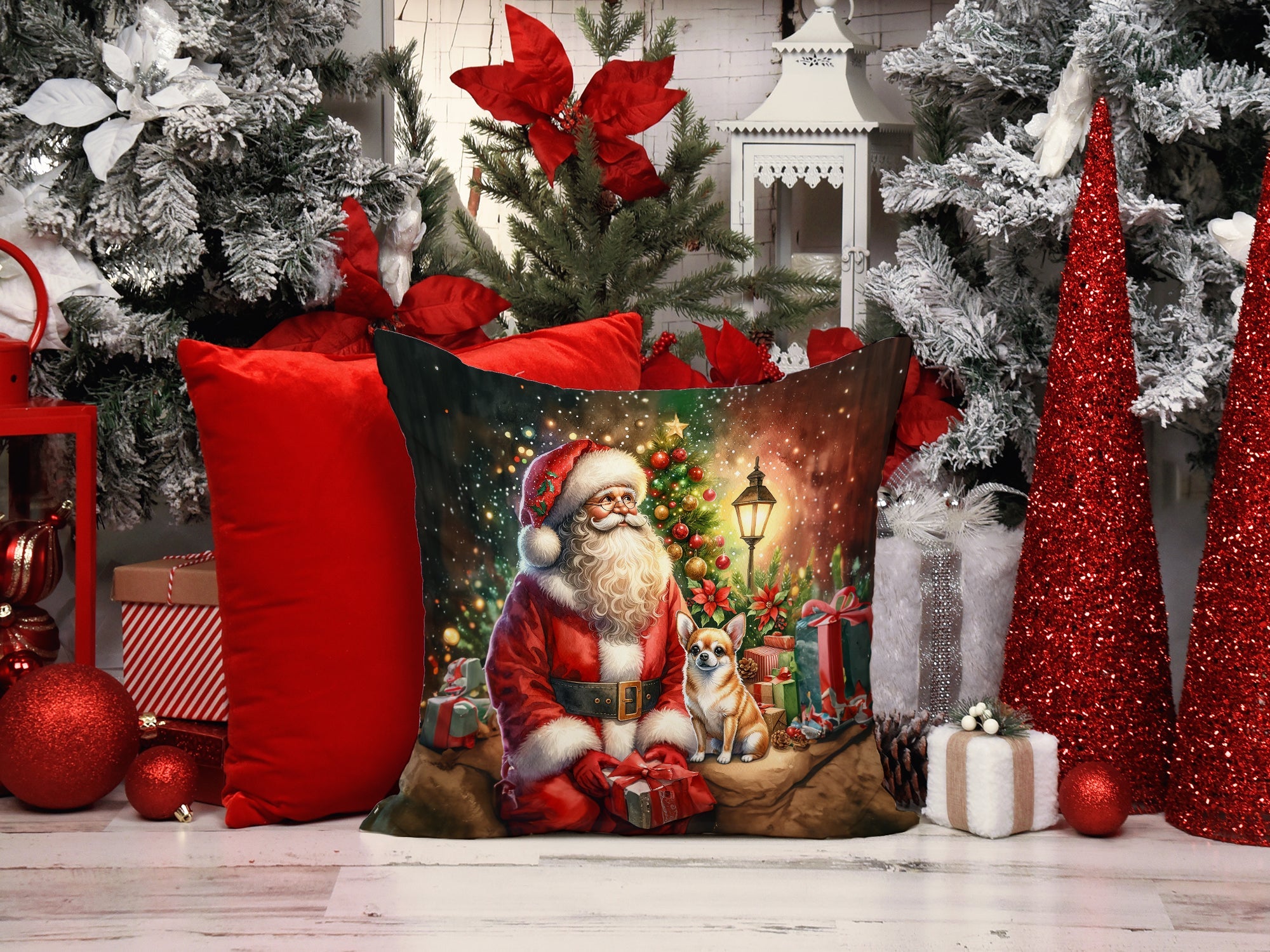 Chihuahua and Santa Claus Decorative Throw Pillow 14x14 Indoor Outdoor Accent Cushion, Fabric Cover with Insert for Sofa, Bed, Porch & Living Room