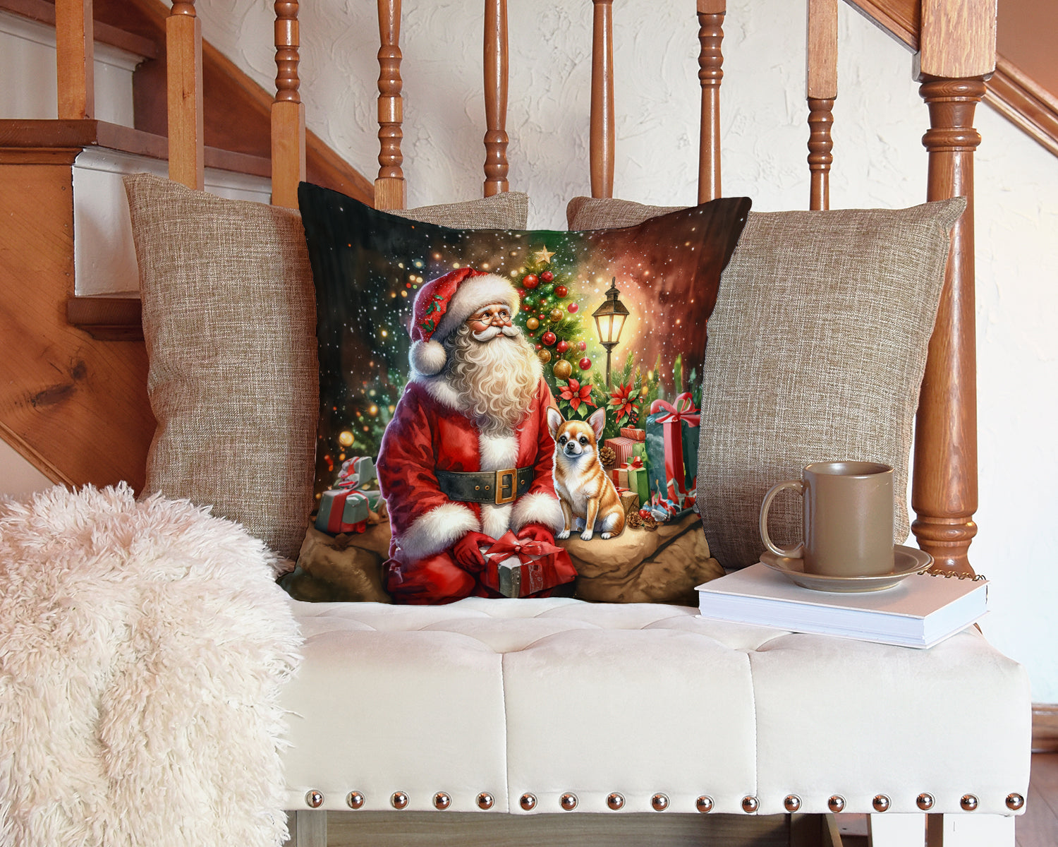 Chihuahua and Santa Claus Decorative Throw Pillow 14x14 Indoor Outdoor Accent Cushion, Fabric Cover with Insert for Sofa, Bed, Porch & Living Room