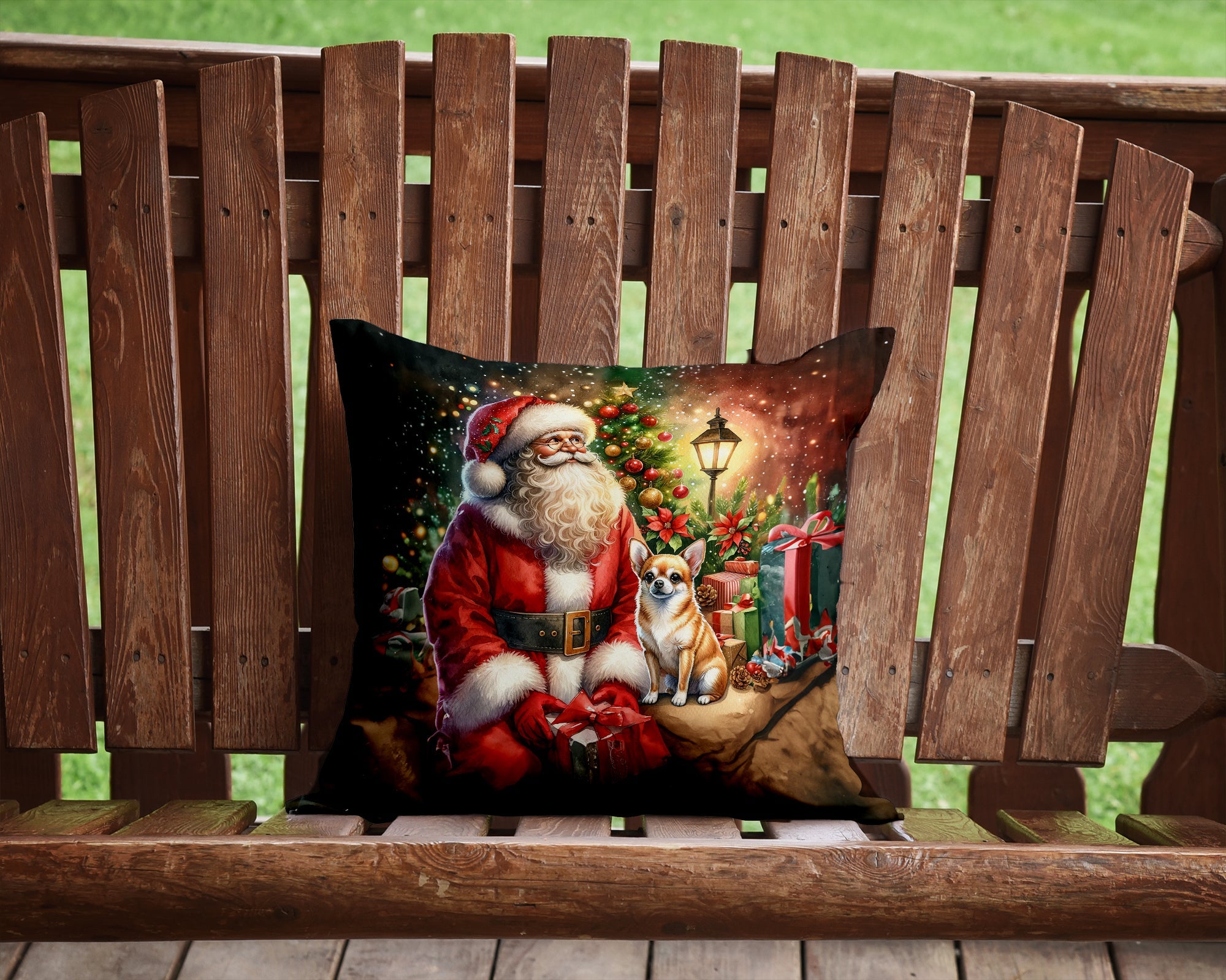 Chihuahua and Santa Claus Decorative Throw Pillow 14x14 Indoor Outdoor Accent Cushion, Fabric Cover with Insert for Sofa, Bed, Porch & Living Room