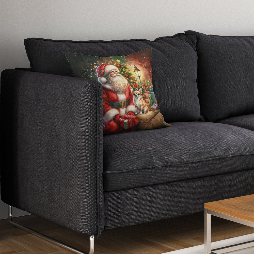 Chihuahua and Santa Claus Decorative Throw Pillow 14x14 Indoor Outdoor Accent Cushion, Fabric Cover with Insert for Sofa, Bed, Porch & Living Room