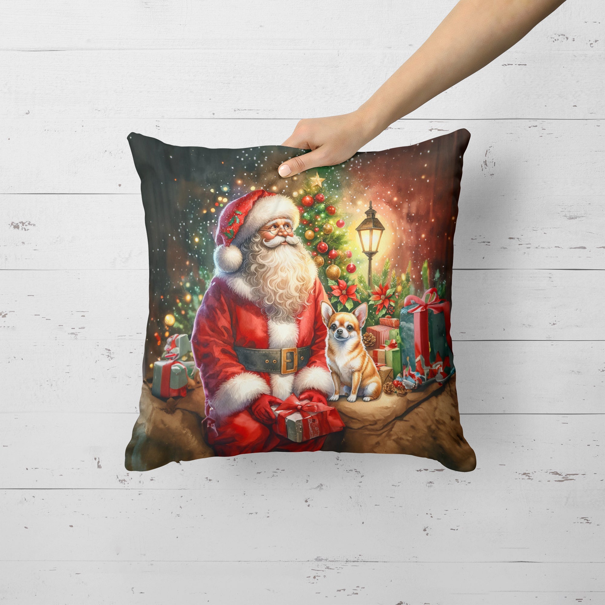 Chihuahua and Santa Claus Decorative Throw Pillow 18x18 Indoor Outdoor Accent Cushion, Fabric Cover with Insert for Sofa, Bed, Porch & Living Room