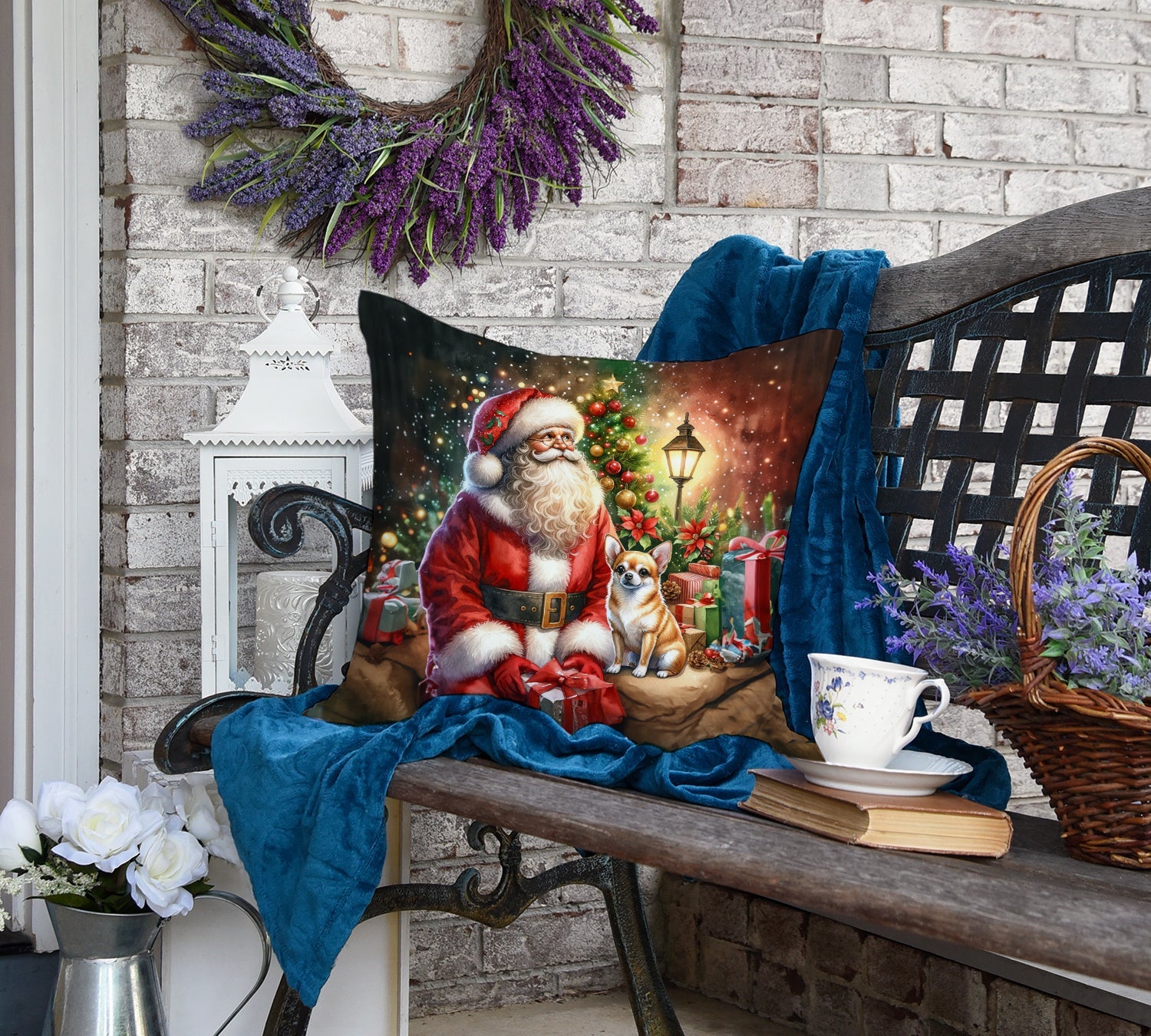 Chihuahua and Santa Claus Decorative Throw Pillow 18x18 Indoor Outdoor Accent Cushion, Fabric Cover with Insert for Sofa, Bed, Porch & Living Room